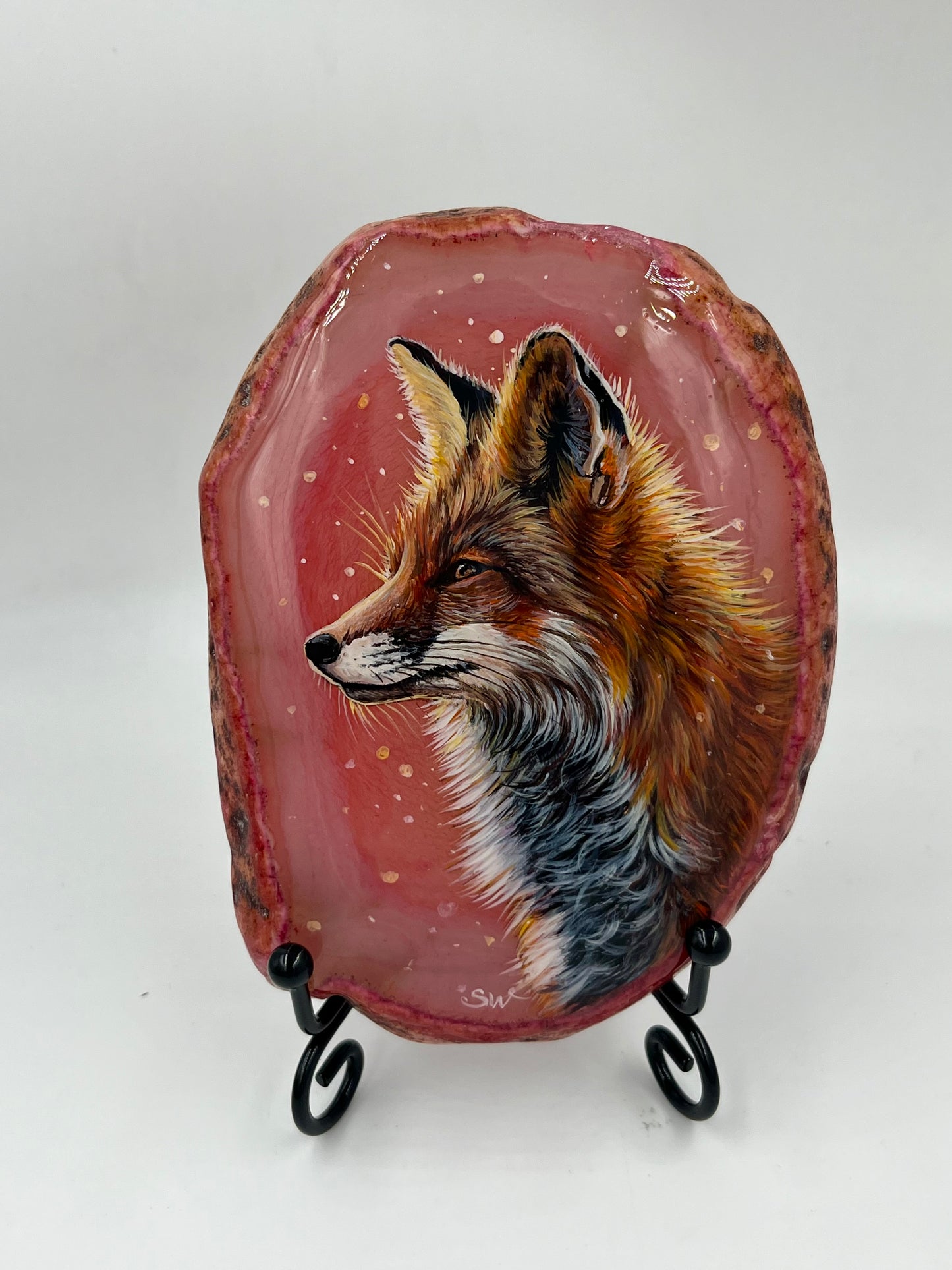 Einzigartige bemalt Achatscheibe/Der Fuchs /Hand bemalt /Deko/Tierpotrait/ink.Metallständer