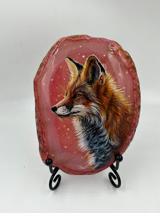 Einzigartige bemalt Achatscheibe/Der Fuchs /Hand bemalt /Deko/Tierpotrait/ink.Metallständer