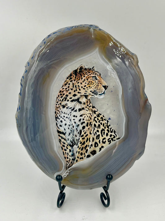 Einzigartige bemalt Achatscheibe/Der Leopard /Hand bemalt /Deko/Tierpotrait/ink.Metallständer