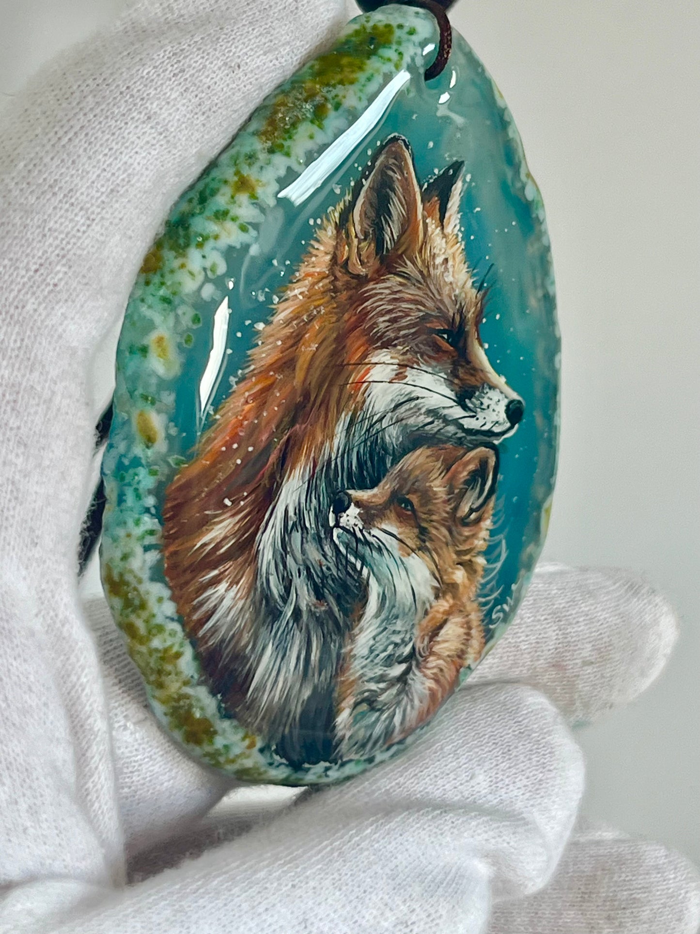 Einzigartige Anhänger /Der FuchsMama und Kind/Achat/Hand bemalt Juwelen und tragbare Kunst /Natur Schmuck