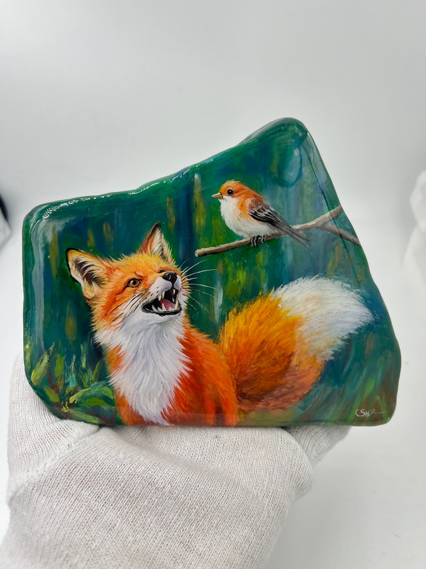 Einzigartig handbemalte Stein/der Fuchs und der Vogel /inklusive Tischstaffelei