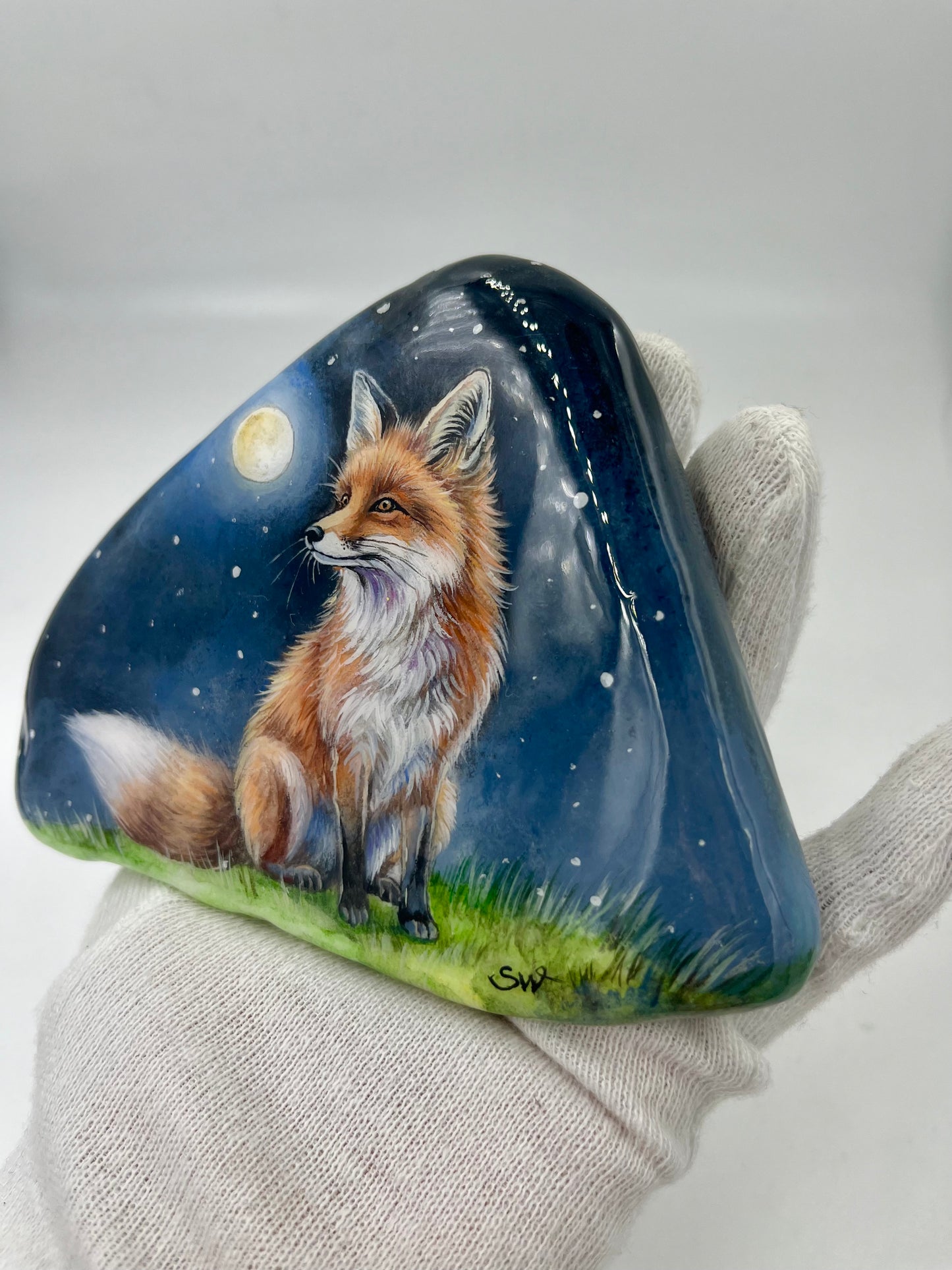 Einzigartig handbemalte Stein-der kleine Fuchs-inklusive Tischstaffelei