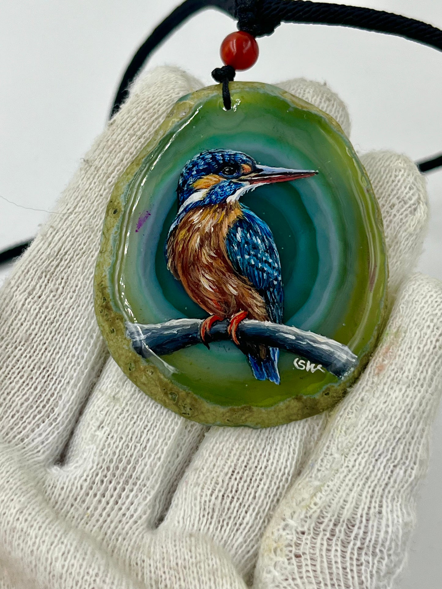 Einzigartige Anhänger /der Eisvogel /Achat/Hand bemalt