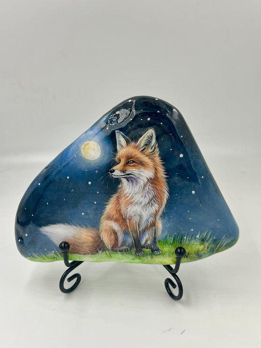 Einzigartig handbemalte Stein-der kleine Fuchs-inklusive Tischstaffelei