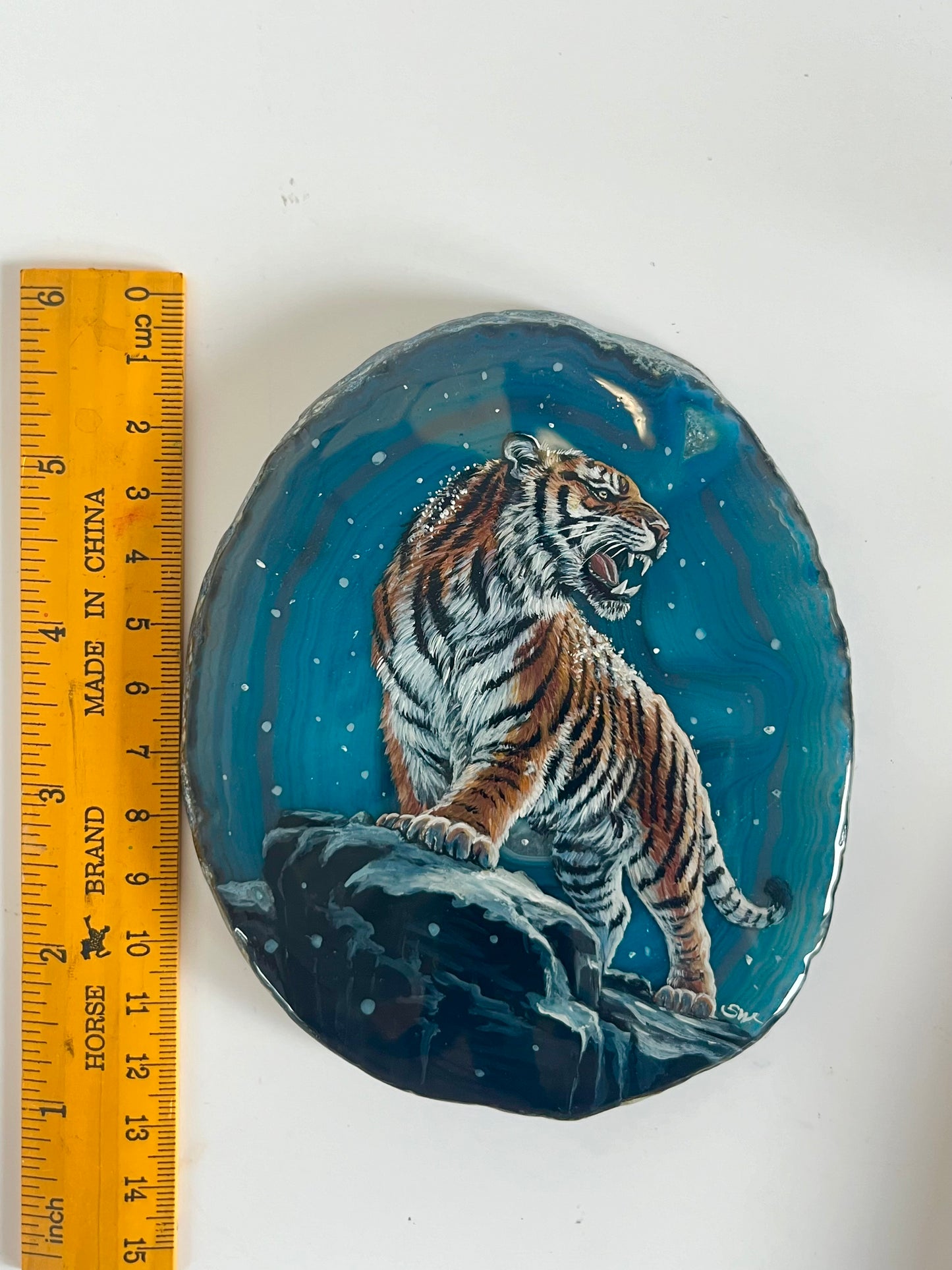 Einzigartige bemalt Achatscheibe/Der Tiger /Hand bemalt /Deko/Tierpotrait/ink.Metallständer