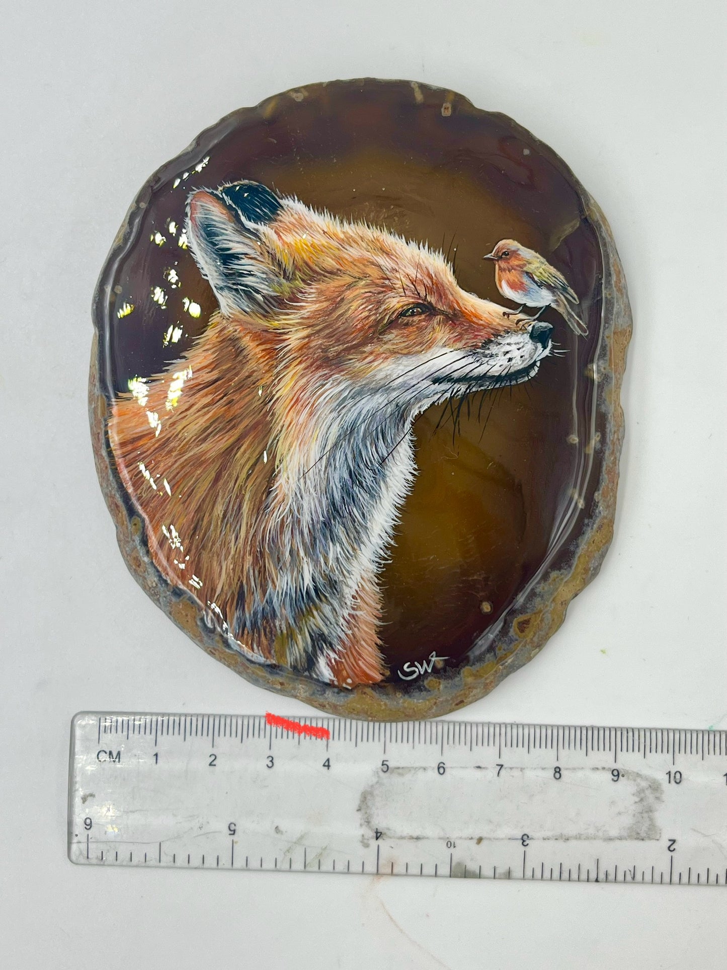 Einzigartige bemalt Achatscheibe/der Fuchs und der Vogel/Hand bemalt /Deko/Tierpotrait/ink.Metallständer