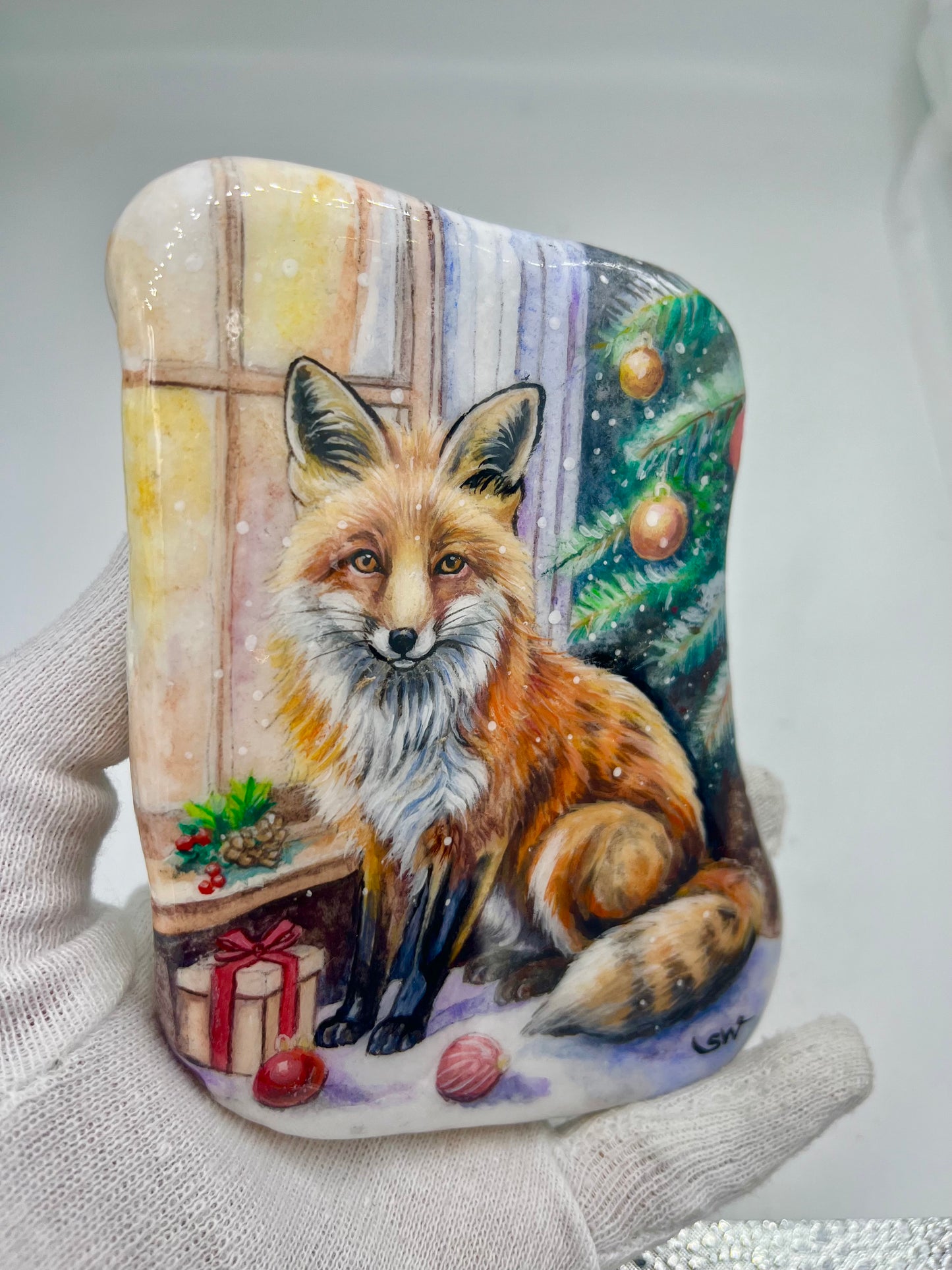 Weihnachtsgeschenken /Einzigartig handbemalte Stein-der Fuchs kommt/inklusive Tischstaffelei