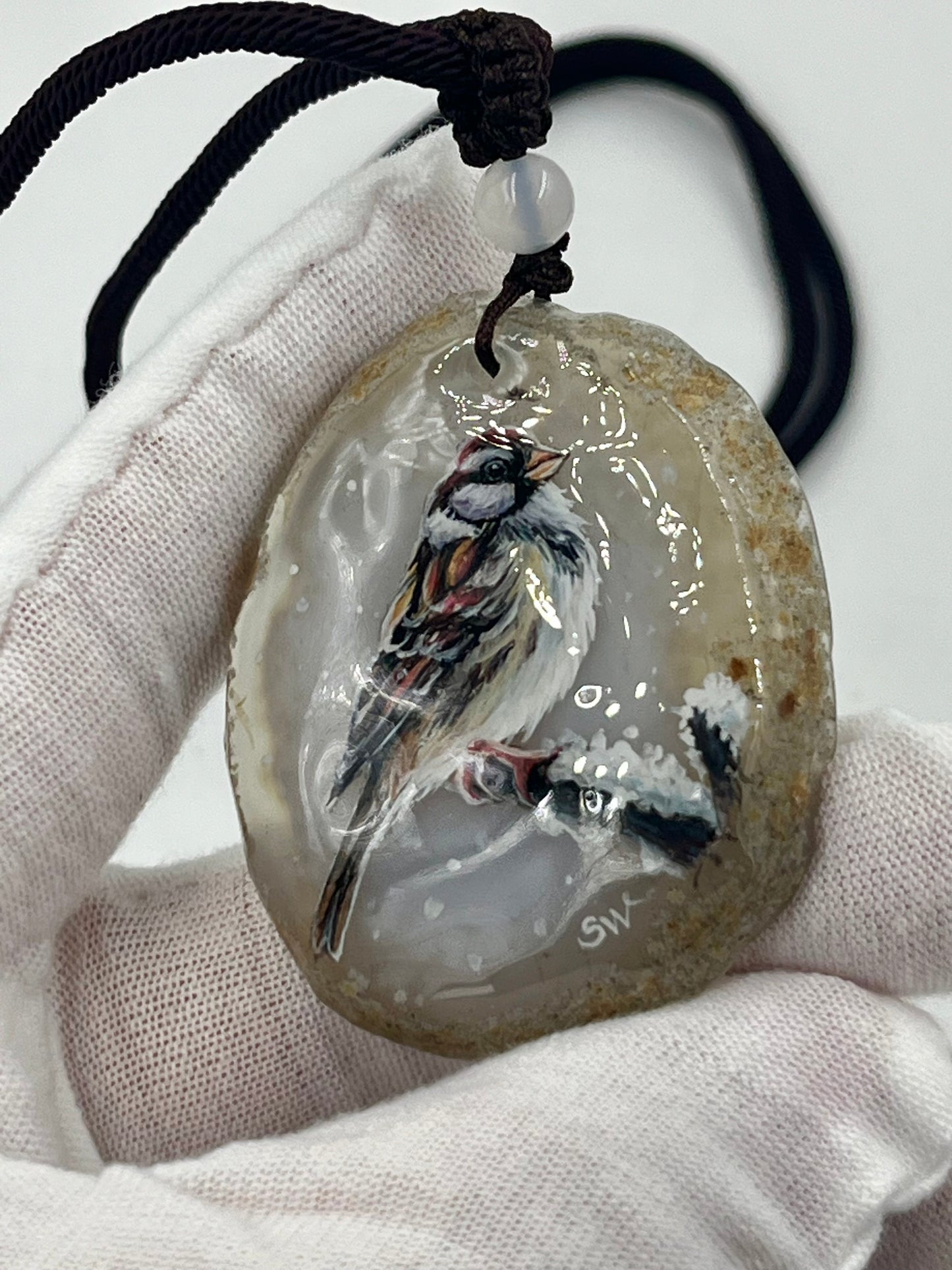 Einzigartige Anhänger /Der Spatz/Achat/Hand bemalt Juwelen und tragbare Kunst /Natur Schmuck