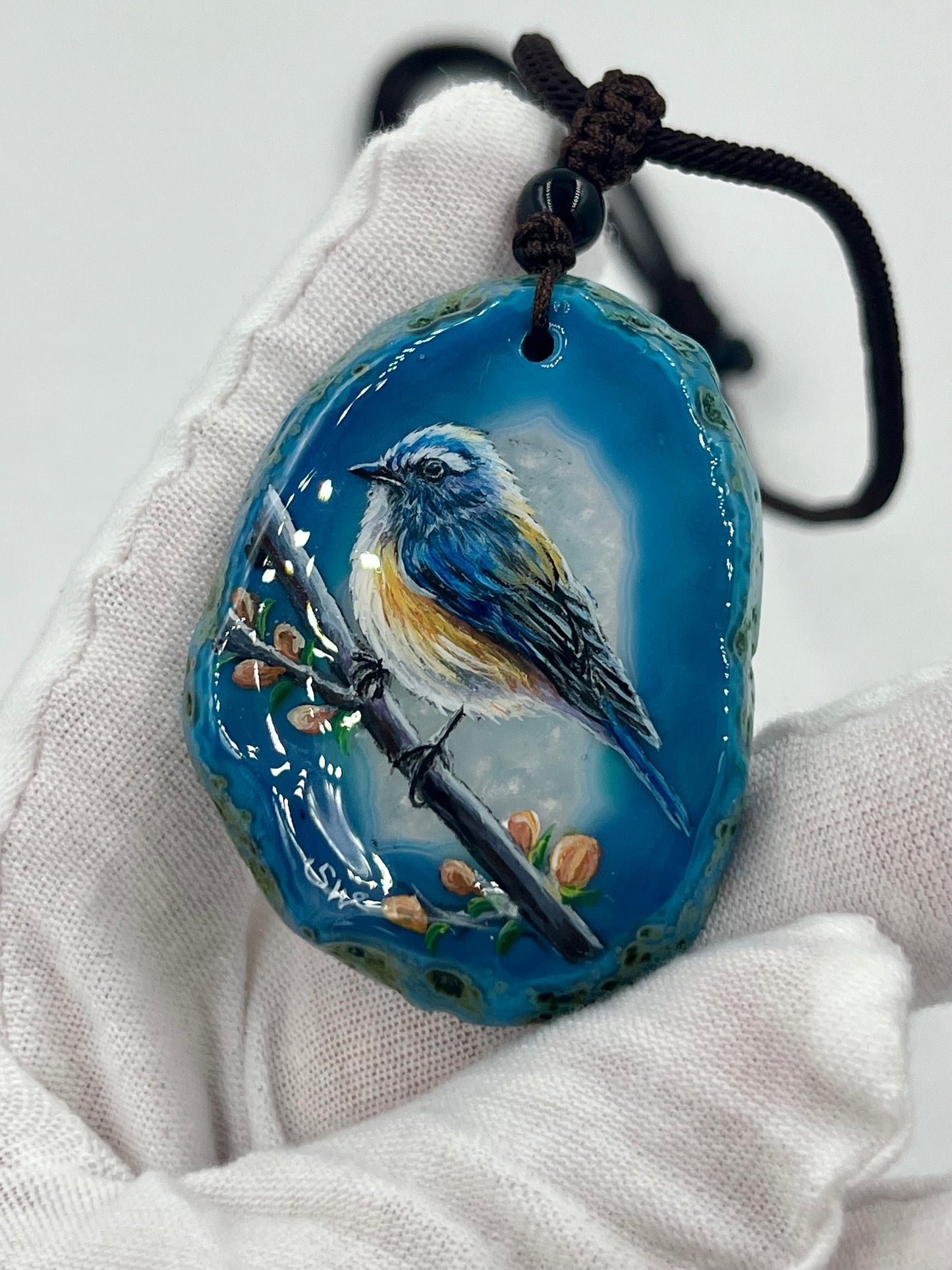 Einzigartige Anhänger /Slaty-blue Flycatcher/Achat/Hand bemalt Juwelen und tragbare Kunst /Natur Schmuck