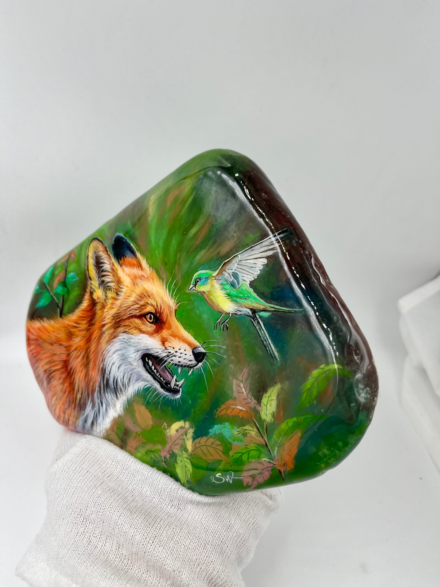 Einzigartig handbemalte Große stein/der Fuchs und der Vogel/inklusive Tischstaffelei