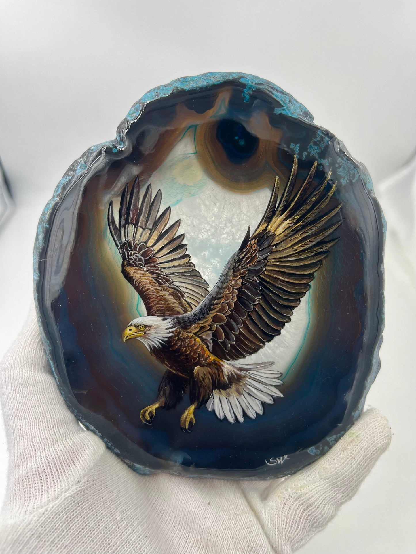 Einzigartige bemalt Achatscheibe/Der Adler /Hand bemalt /Deko/Tierpotrait/ink.Metallständer