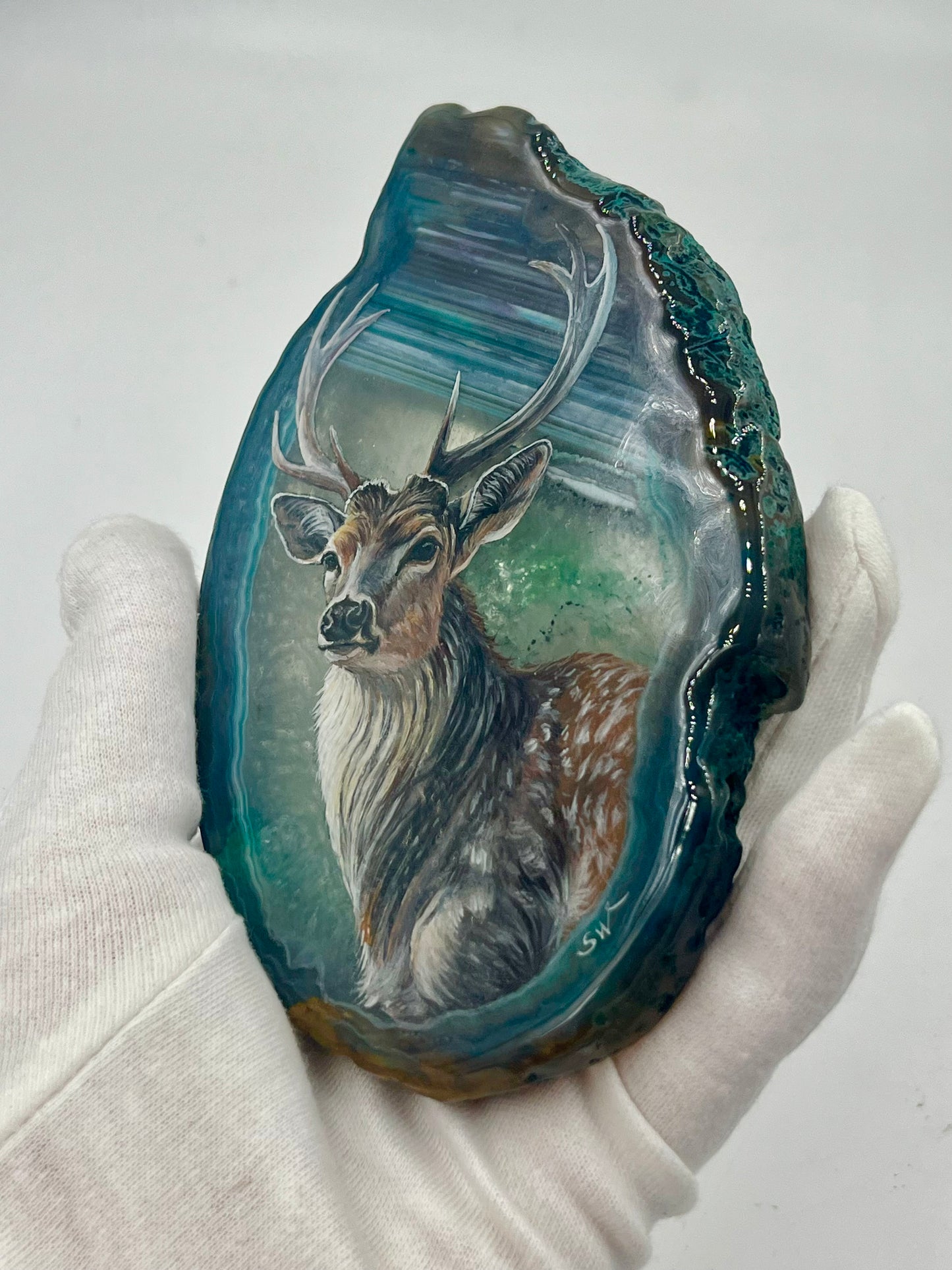 Einzigartige bemalt Achatscheibe/Der Hirsch /Hand bemalt /Deko/Tierpotrait/ink.Metallständer