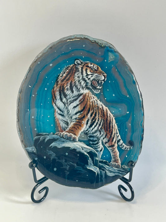 Einzigartige bemalt Achatscheibe/Der Tiger /Hand bemalt /Deko/Tierpotrait/ink.Metallständer