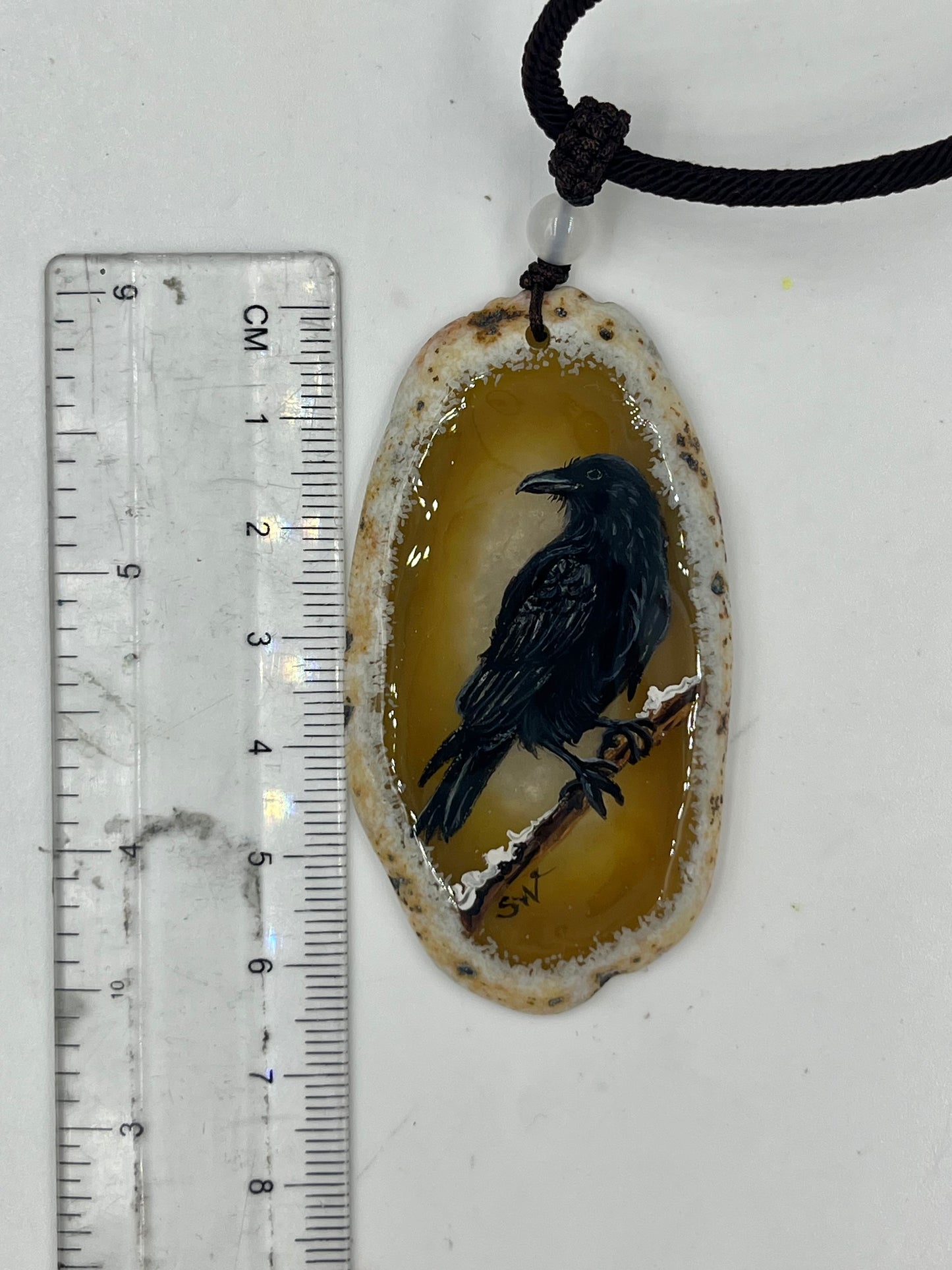 Einzigartige Anhänger /Die Krähe/Achat/Hand bemalt Juwelen und tragbare Kunst /Natur Schmuck