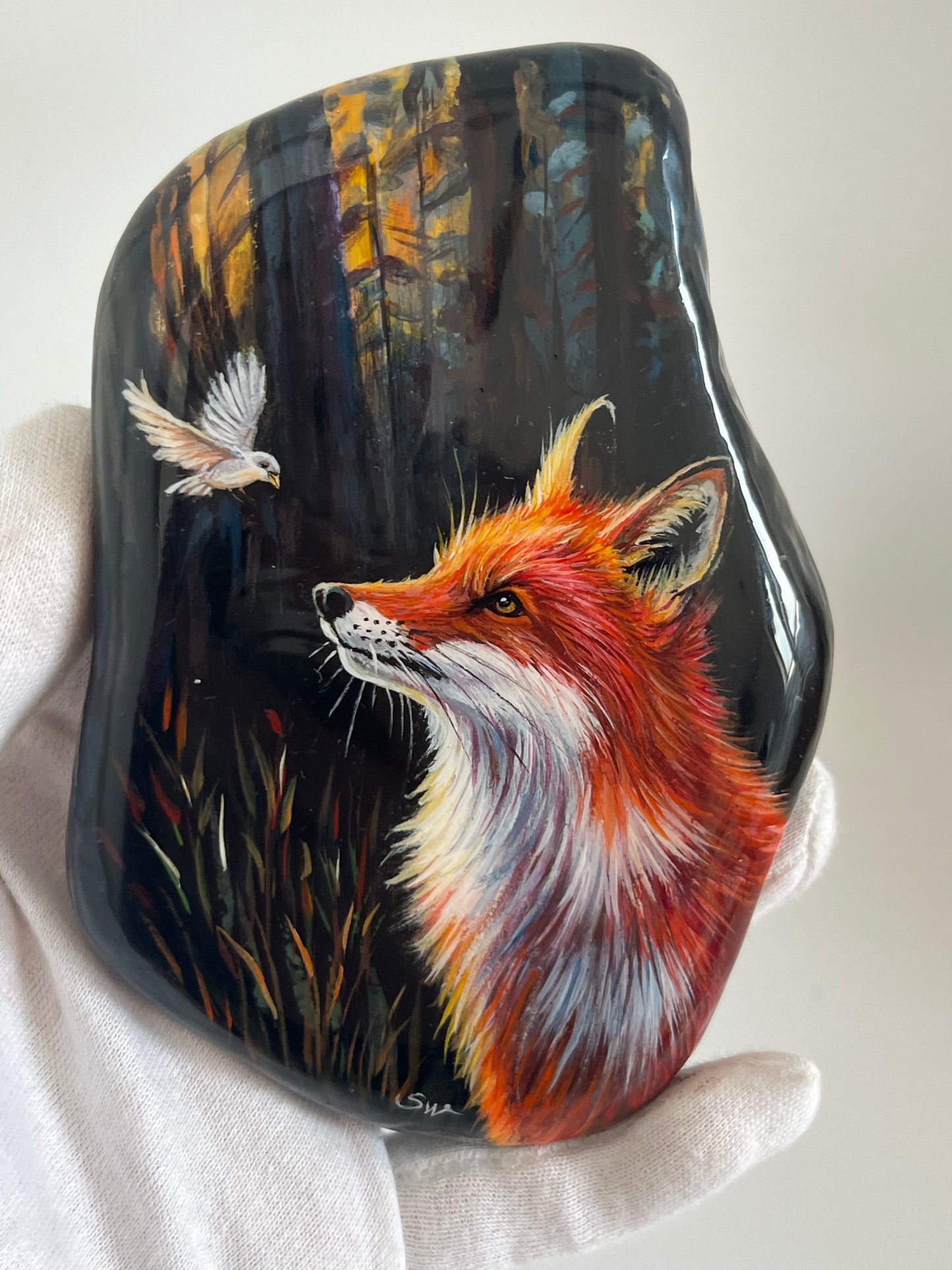 Einzigartig handbemalte Stein/der Fuchs und der Vogel /inklusive Tischstaffele