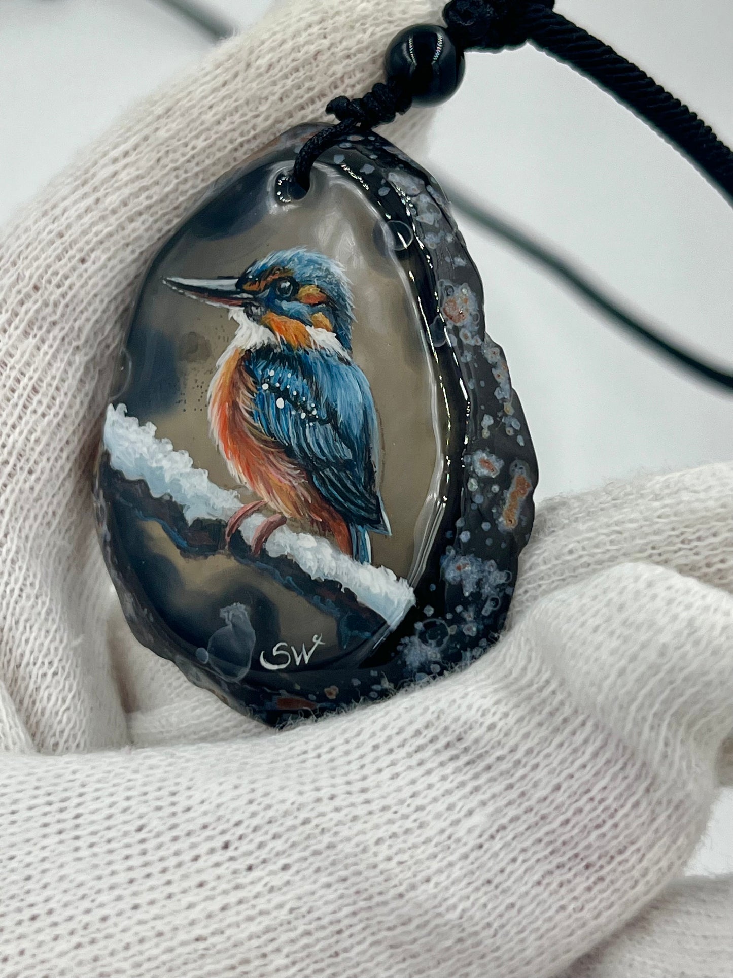 Einzigartige Anhänger /Der Eisvogel/Achat/Hand bemalt Juwelen und tragbare Kunst /Natur Schmuck