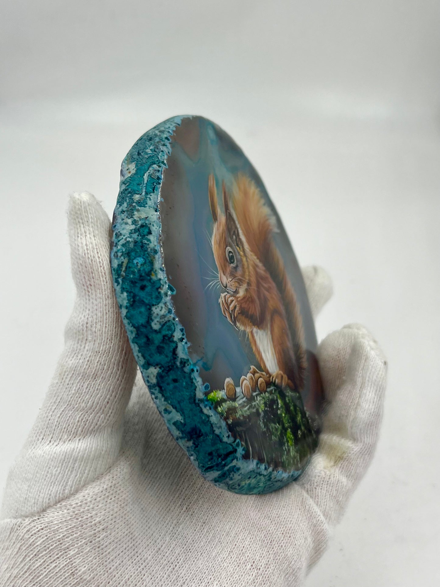 Einzigartige bemalt Achatscheibe/Das Eichhörnchen/Hand bemalt /Deko/Tierpotrait/ink.Metallständer