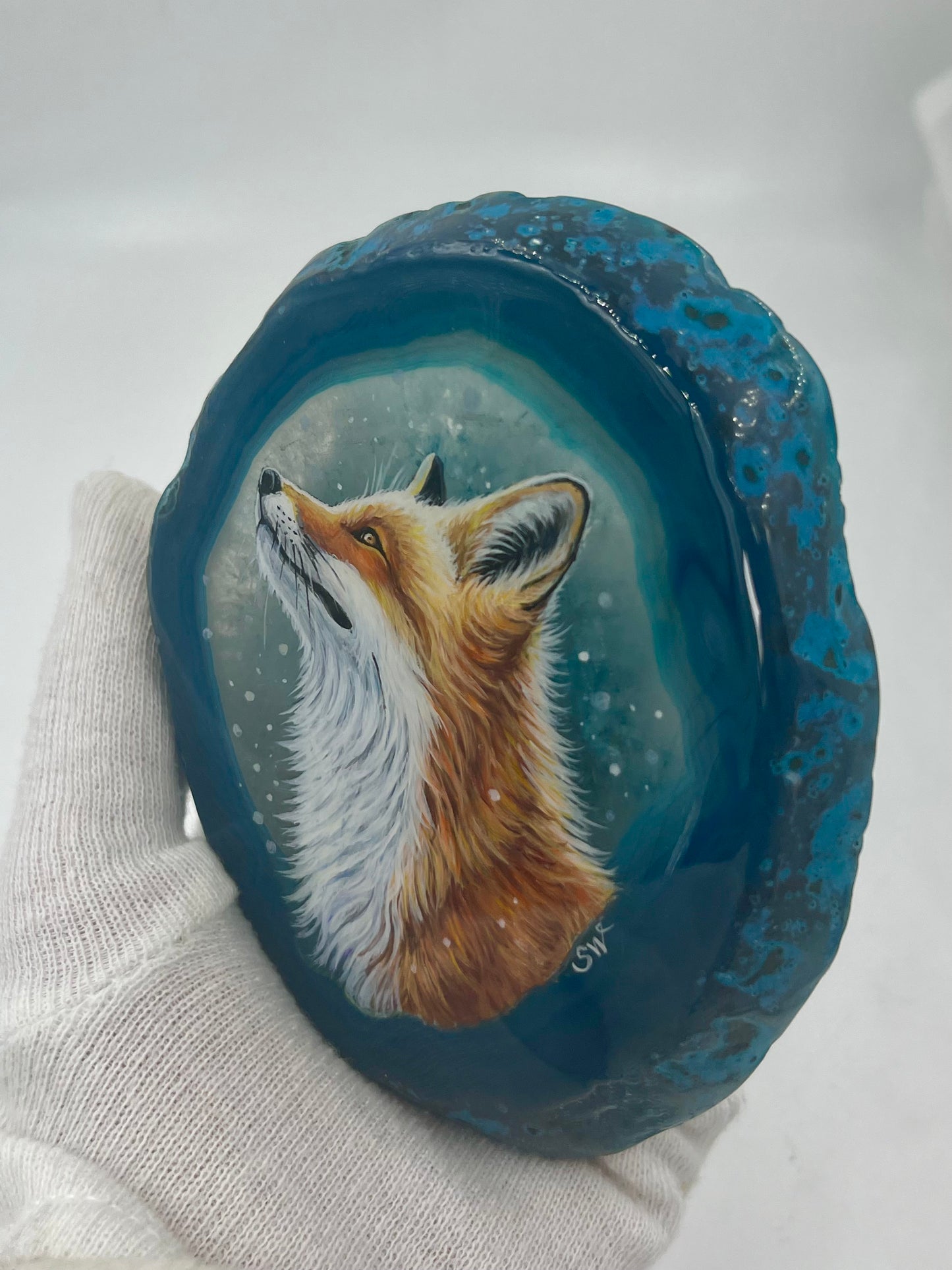 Einzigartige bemalt Achatscheibe/Der Fuchs /Hand bemalt /Deko/Tierpotrait/ink.Metallständer