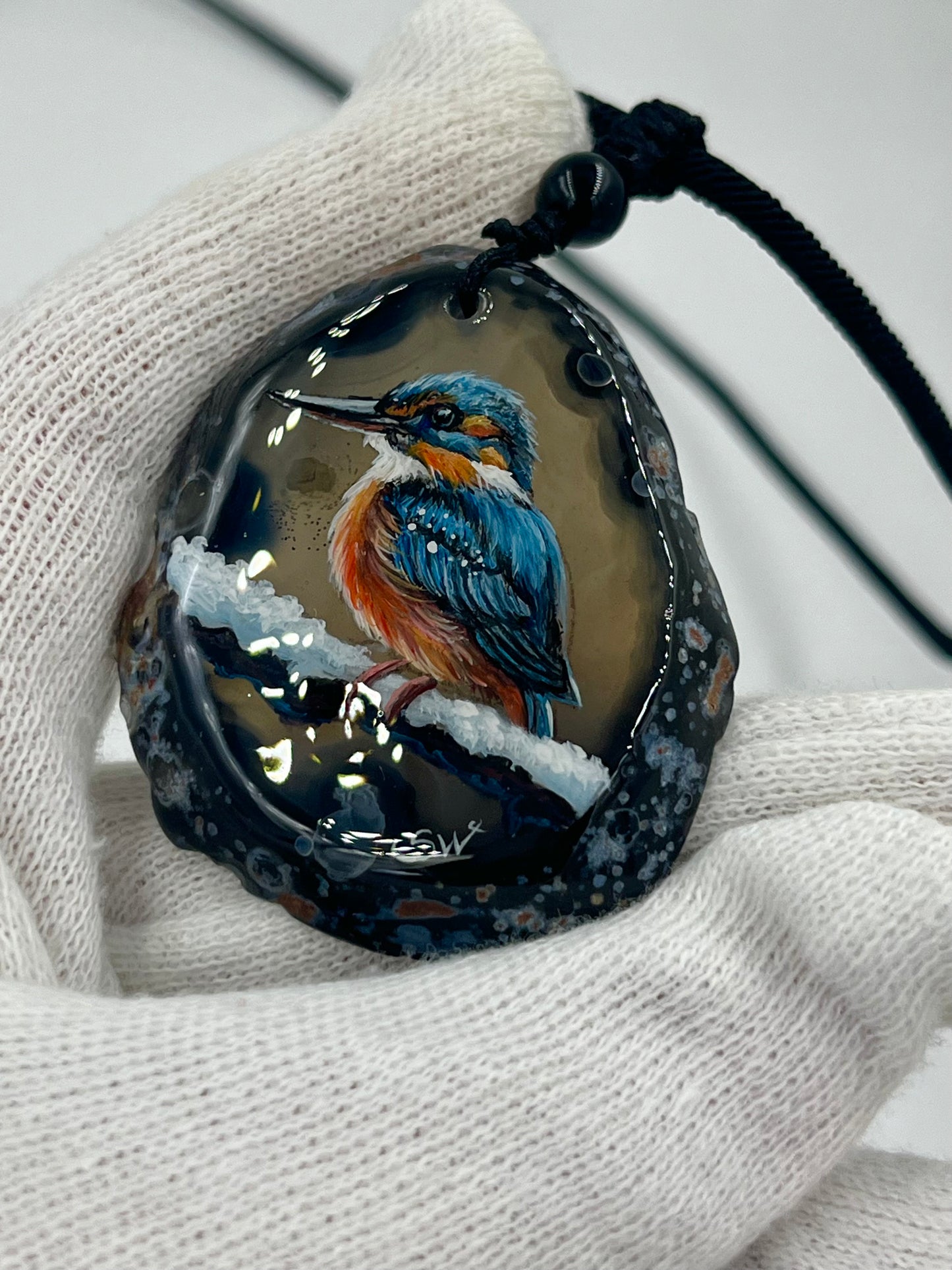 Einzigartige Anhänger /Der Eisvogel/Achat/Hand bemalt Juwelen und tragbare Kunst /Natur Schmuck