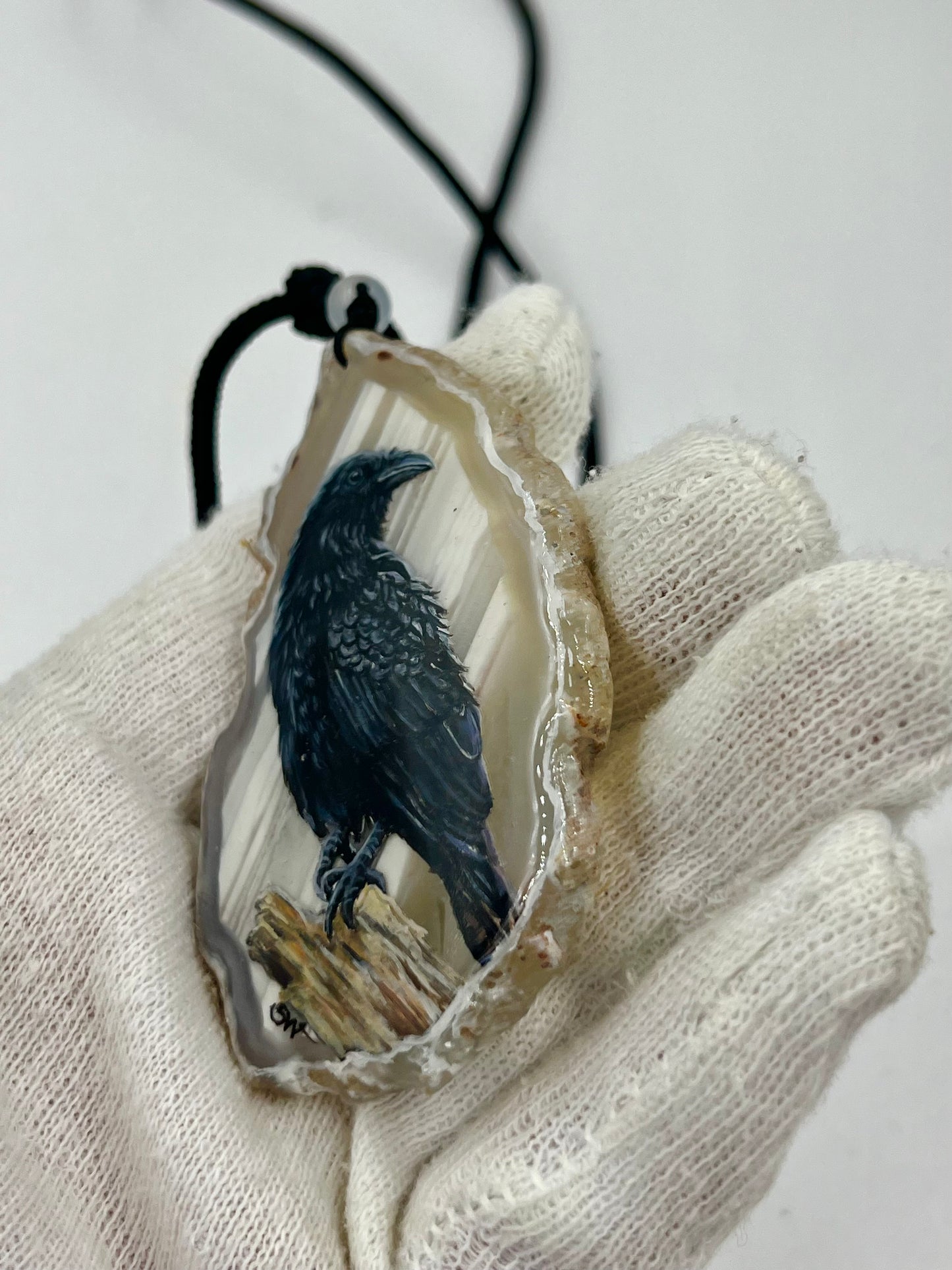 Einzigartige Anhänger /Die Krähe /Achat/Hand bemalt Juwelen und tragbare Kunst /Natur Schmuck