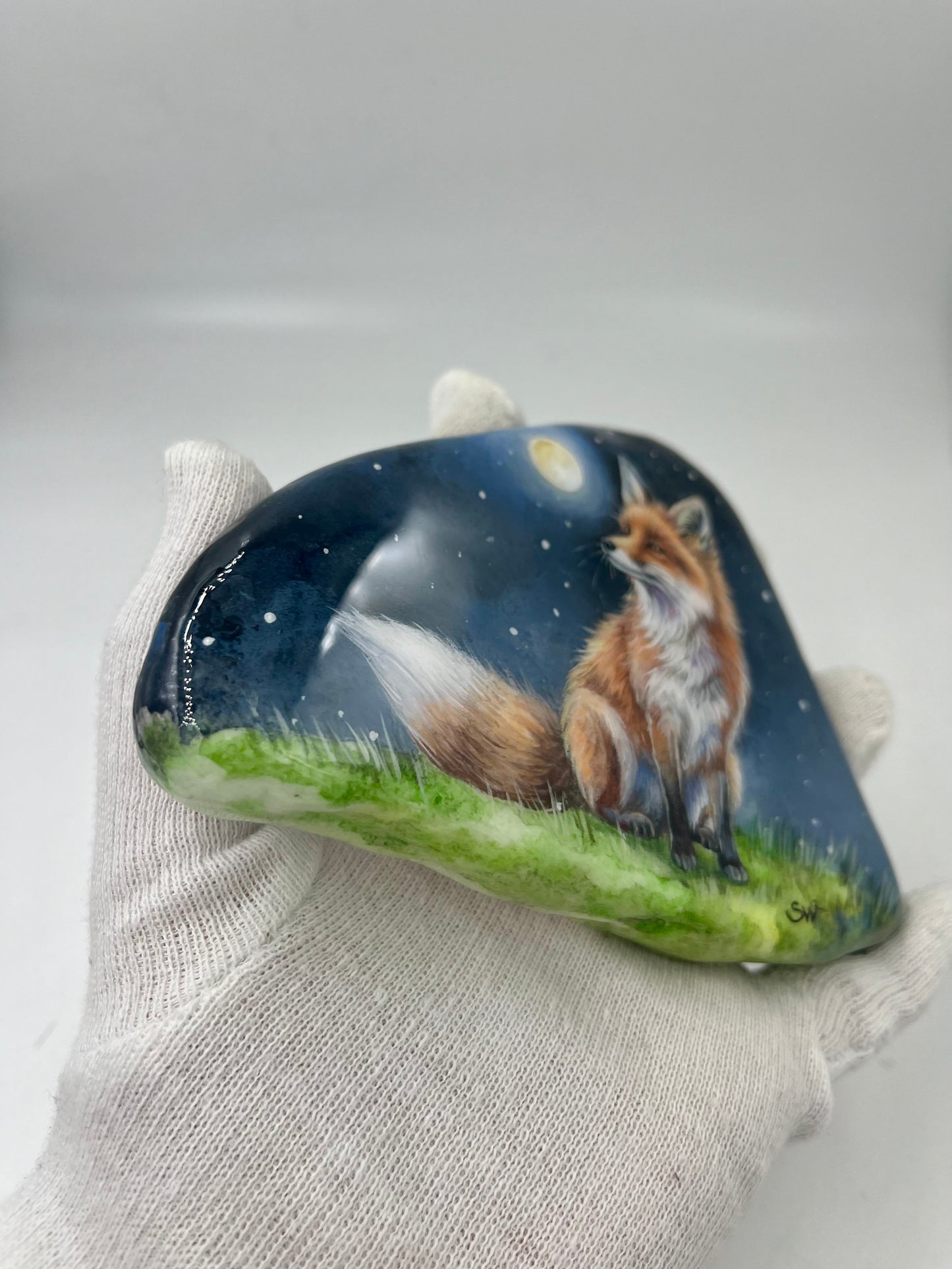 Einzigartig handbemalte Stein-der kleine Fuchs-inklusive Tischstaffelei
