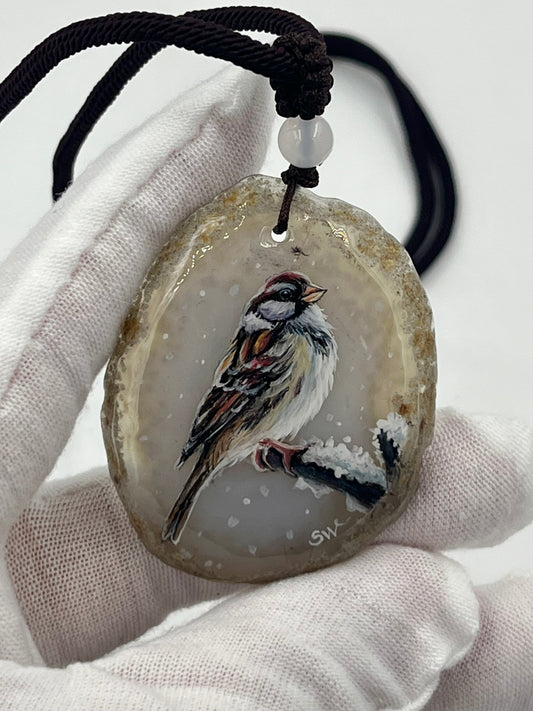 Einzigartige Anhänger /Der Spatz/Achat/Hand bemalt Juwelen und tragbare Kunst /Natur Schmuck