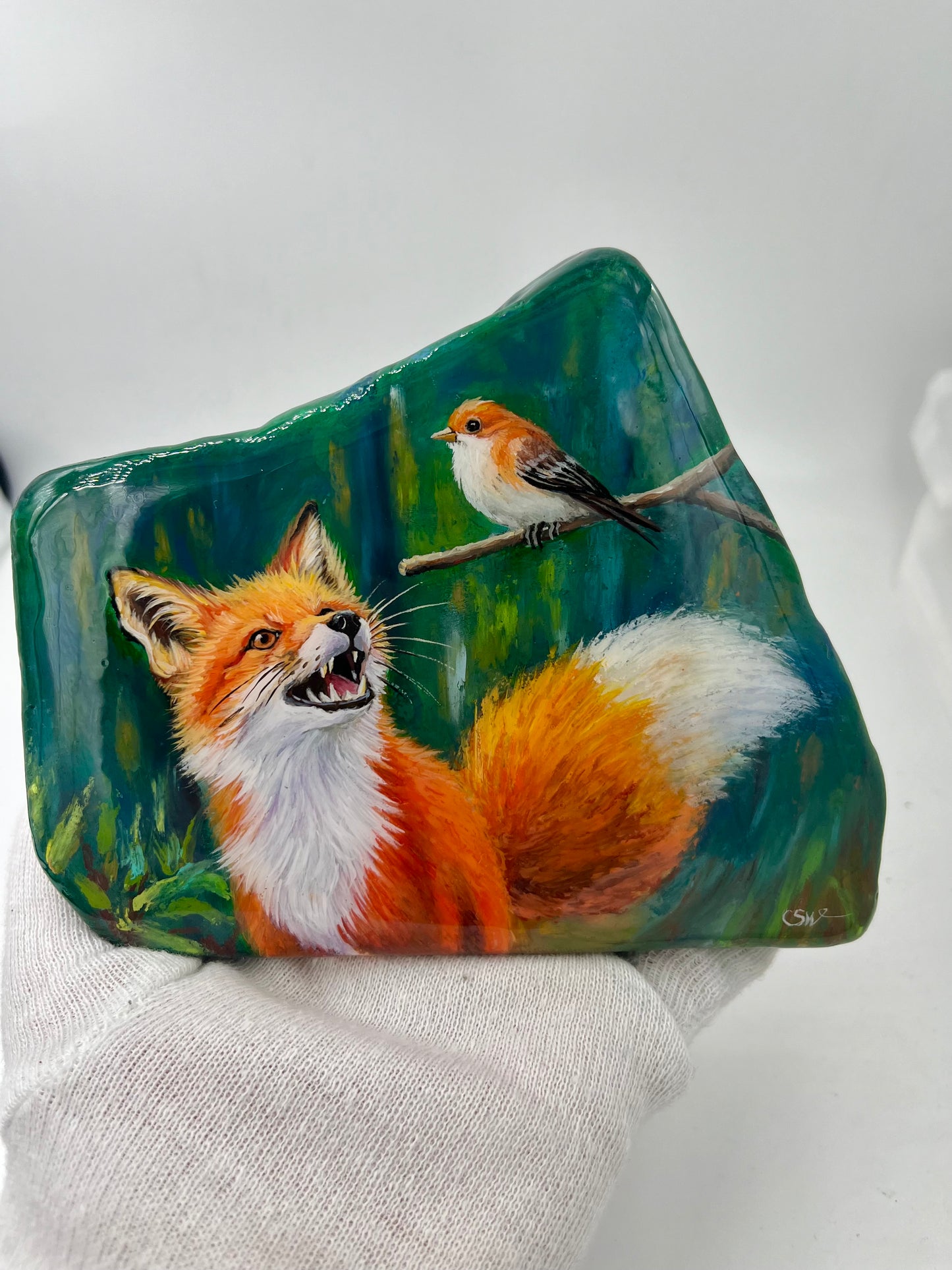 Einzigartig handbemalte Stein/der Fuchs und der Vogel /inklusive Tischstaffelei