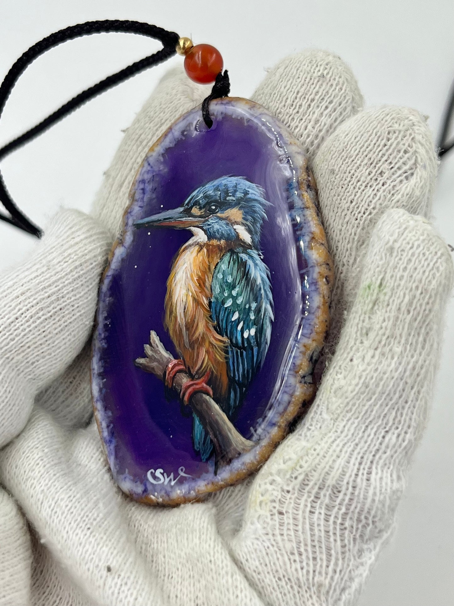 Einzigartige Anhänger /der Eisvogel/Achat/Hand bemalt