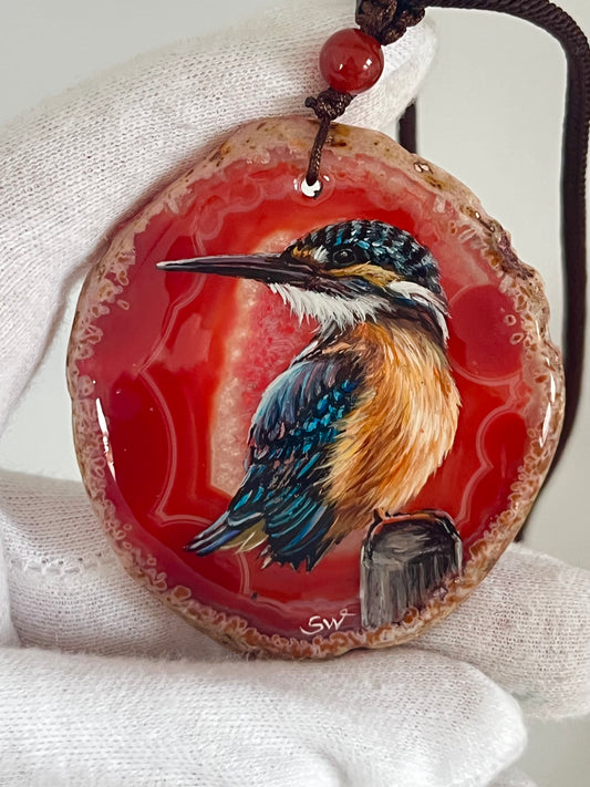 Einzigartige Anhänger /Der Eisvogel/Achat/Hand bemalt Juwelen und tragbare Kunst /Natur Schmuck