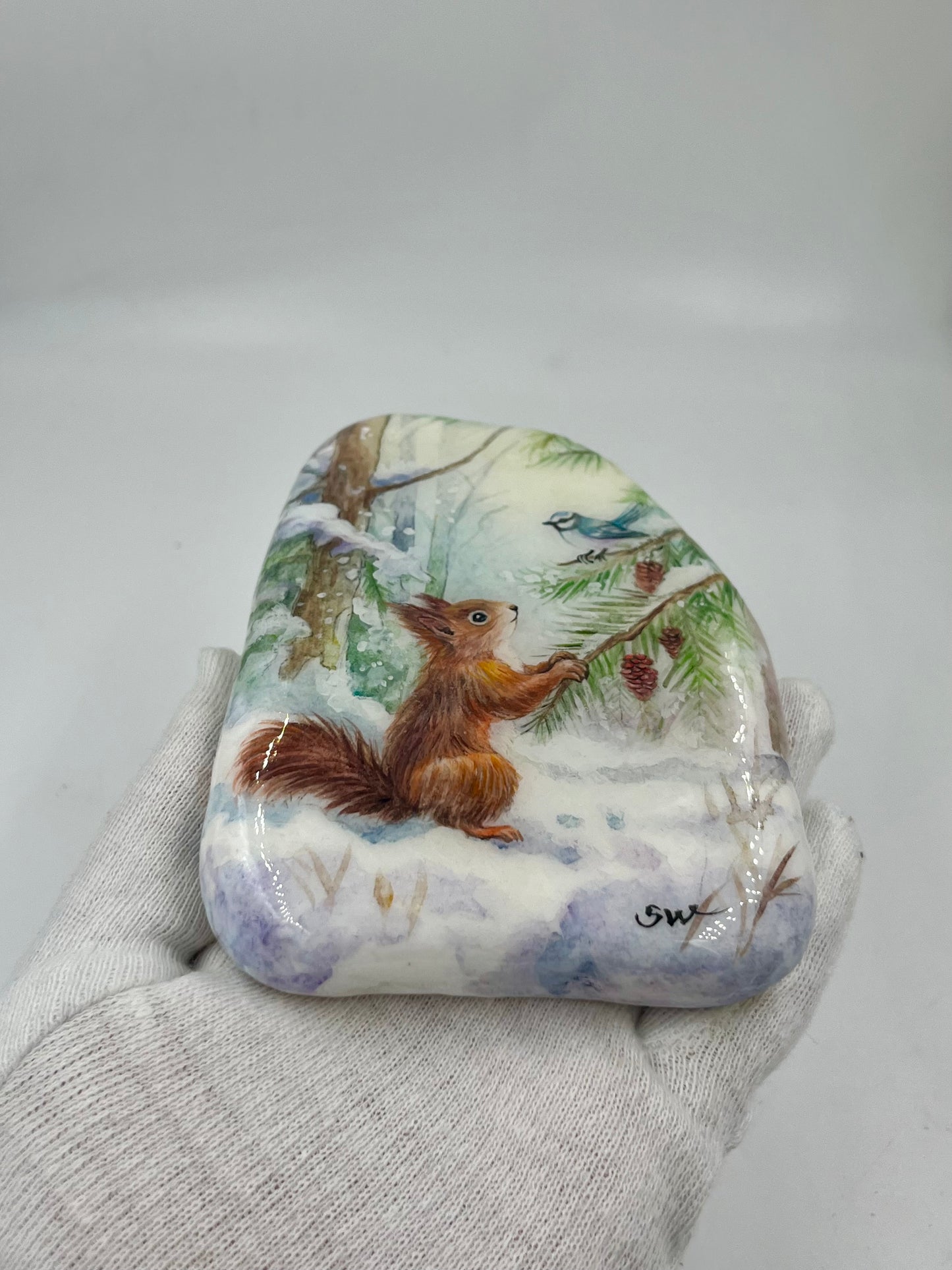 Einzigartig handbemalte Stein/Winterliche Szenerie /inklusive Tischstaffelei