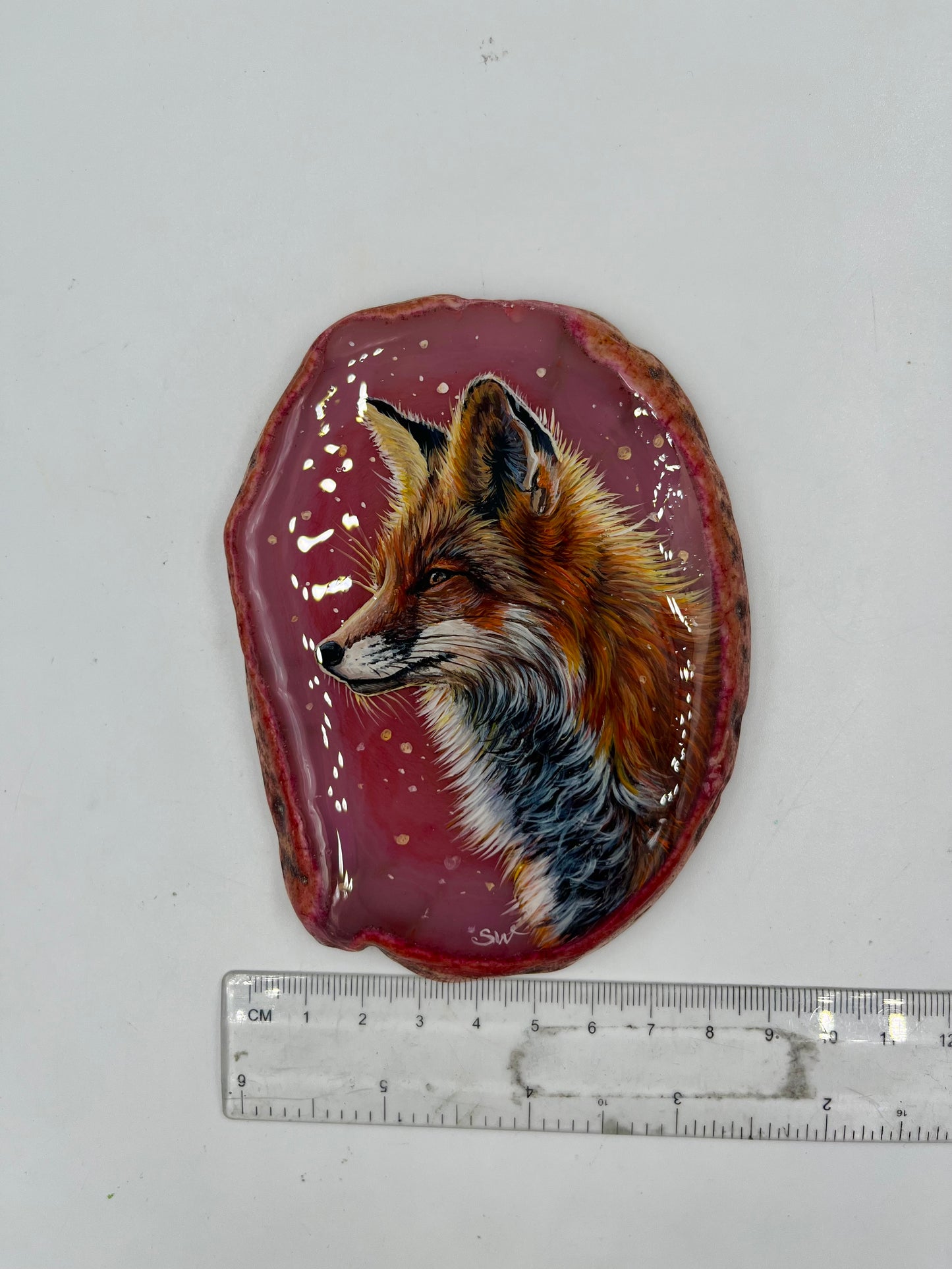 Einzigartige bemalt Achatscheibe/Der Fuchs /Hand bemalt /Deko/Tierpotrait/ink.Metallständer