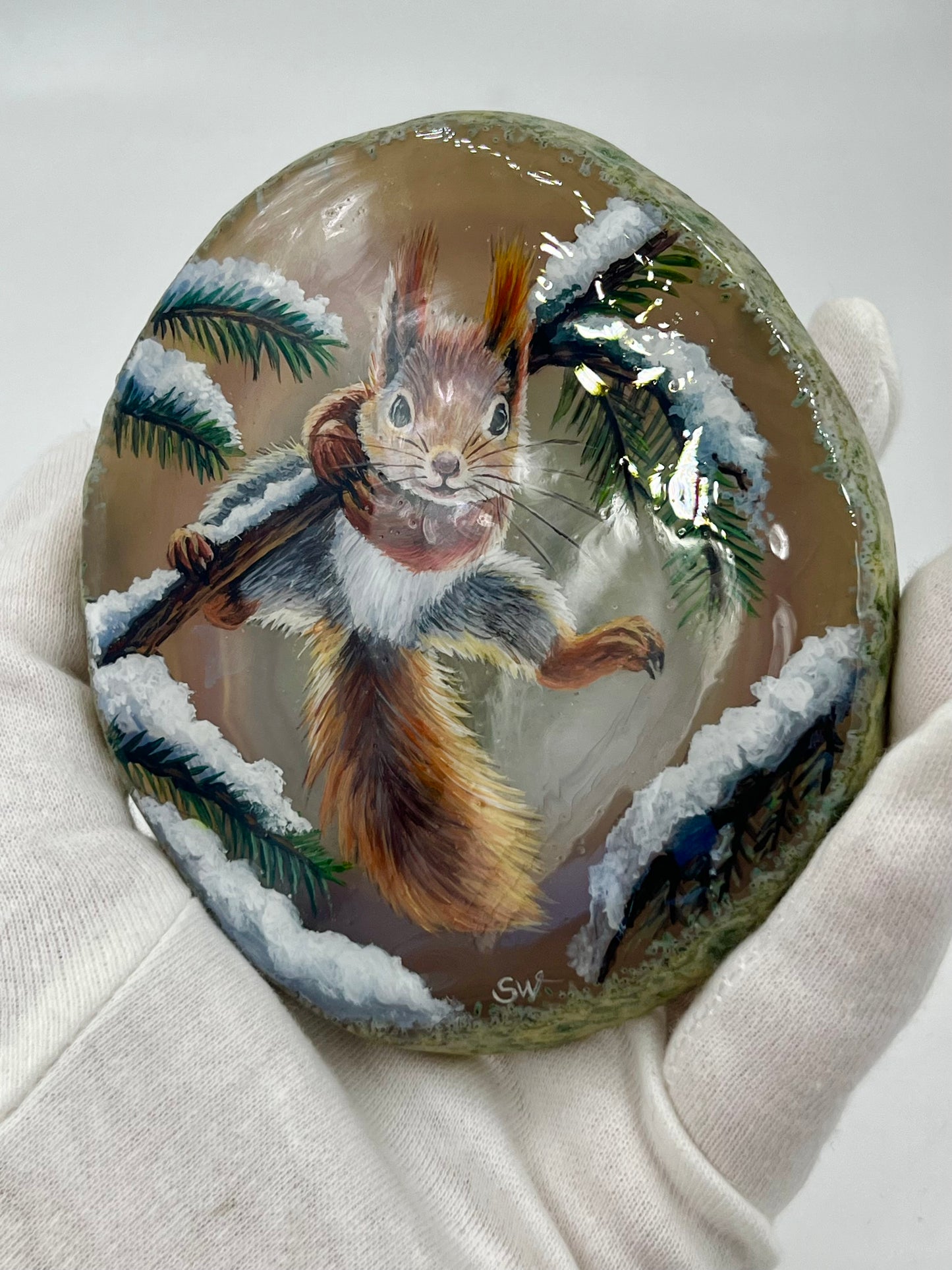 Einzigartige bemalt Achatscheibe/Das Eichhörnchen /Hand bemalt /Deko/Tierpotrait/ink.Metallständer