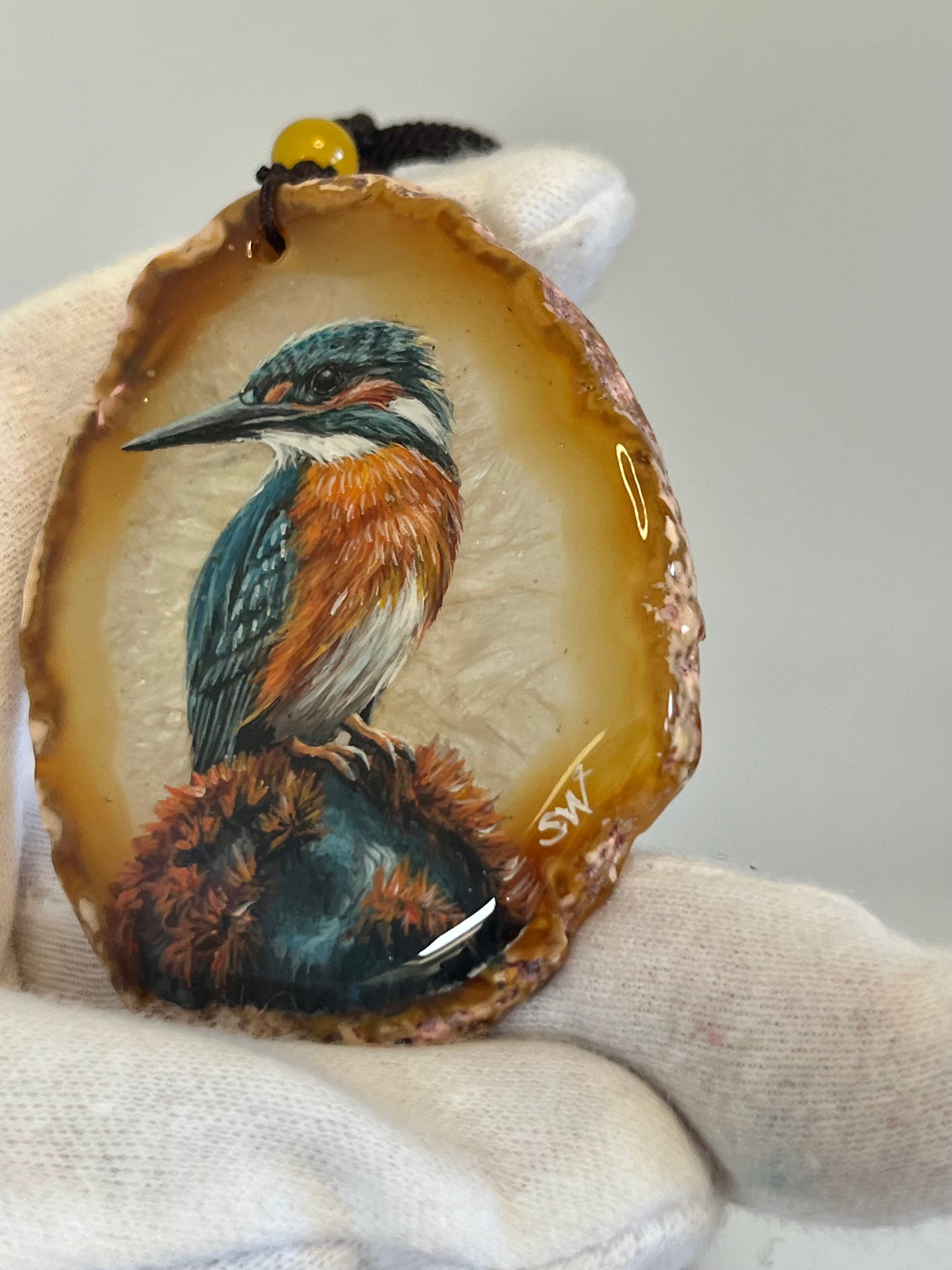 Einzigartige Anhänger /Der Eisvogel/Achat/Hand bemalt Juwelen und tragbare Kunst /Natur Schmuck