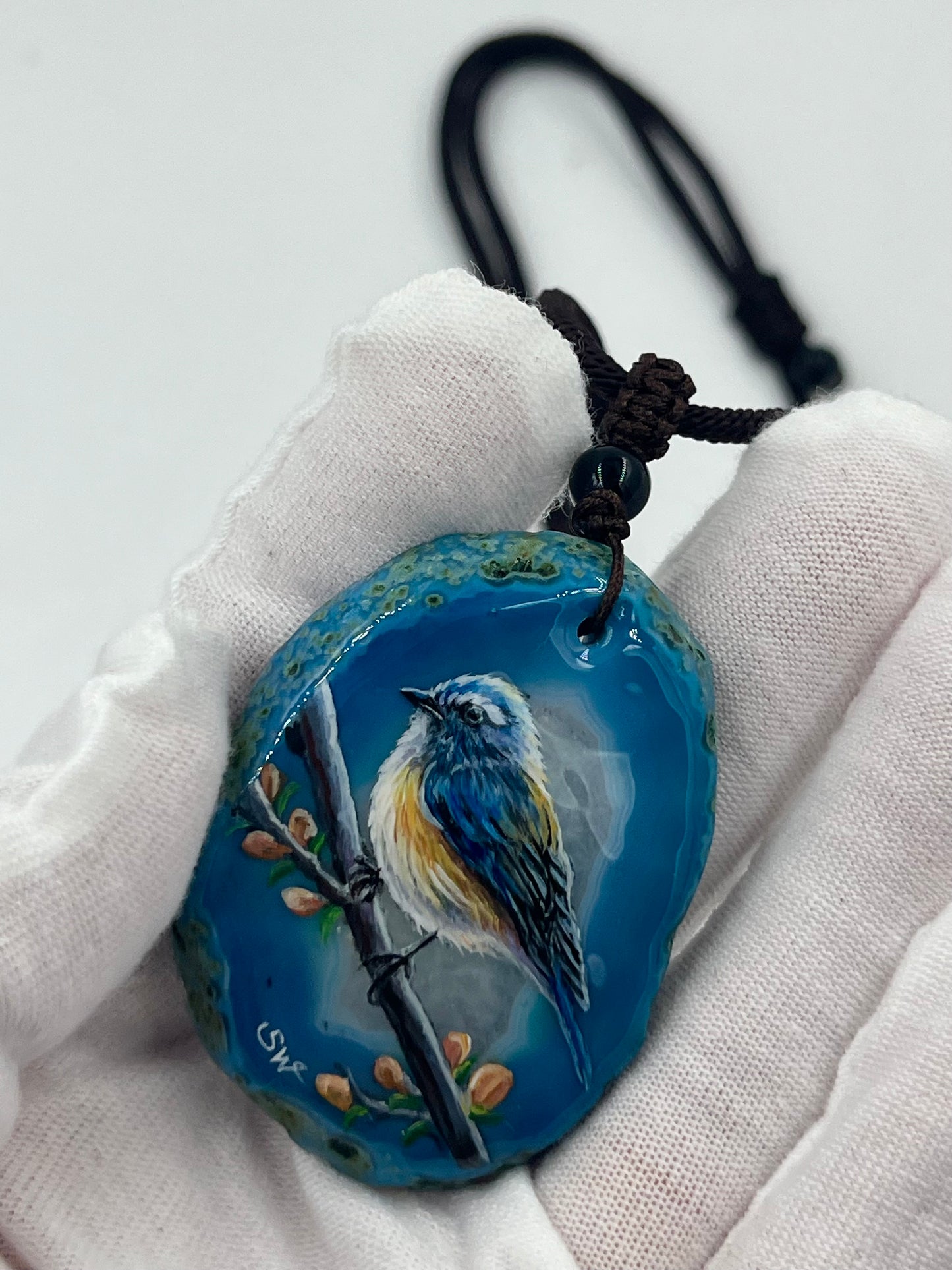 Einzigartige Anhänger /Slaty-blue Flycatcher/Achat/Hand bemalt Juwelen und tragbare Kunst /Natur Schmuck