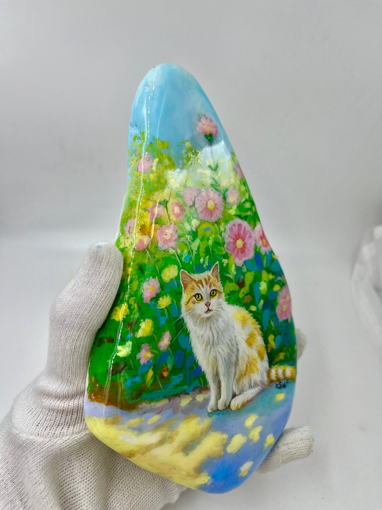 Einzigartig handbemalte Stein/die Katze/inklusive Tischstaffelei