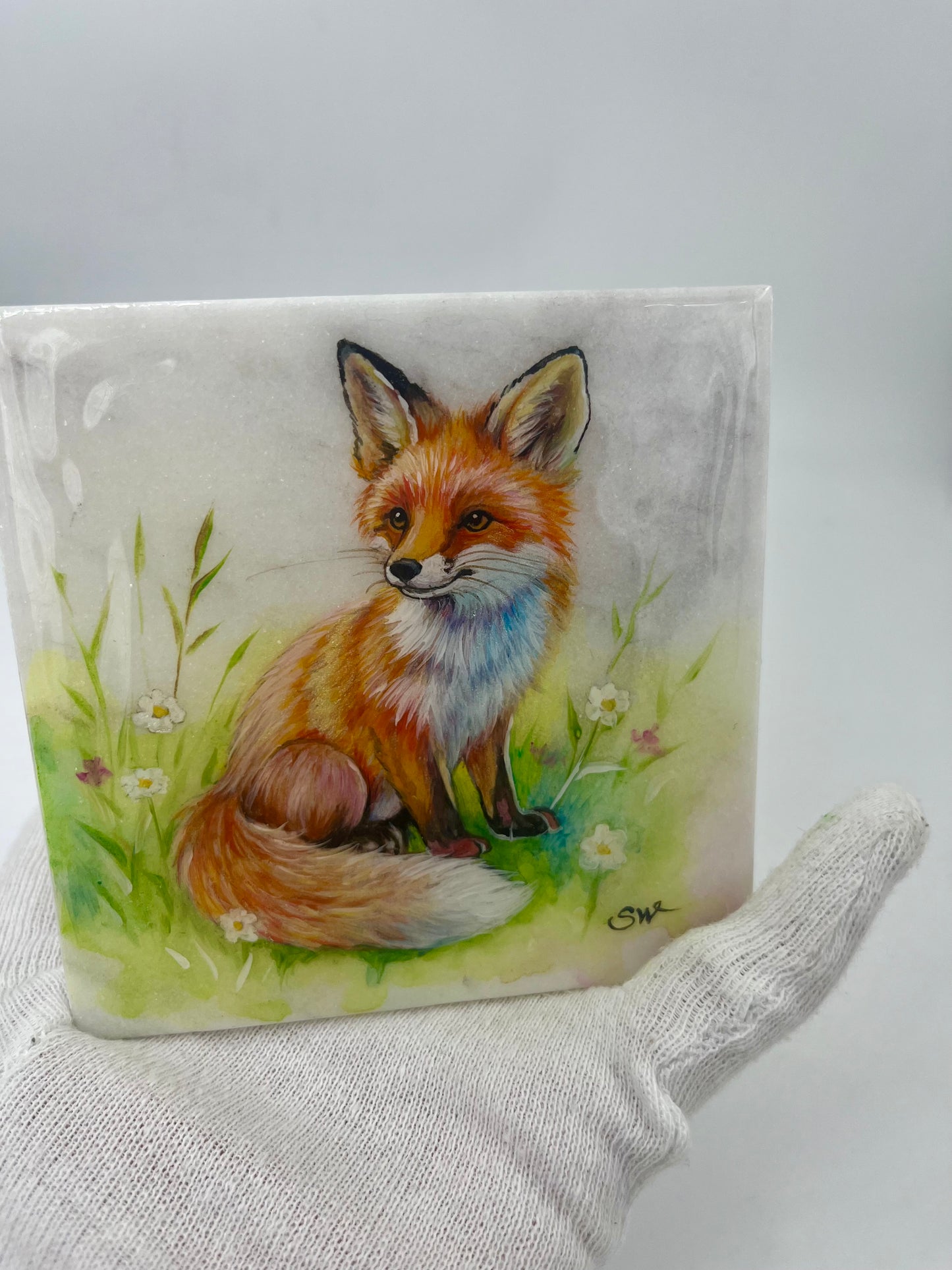 Einzigartig handbemalte Stein-der Fuchs /inklusive Tischstaffelei 10x10cm