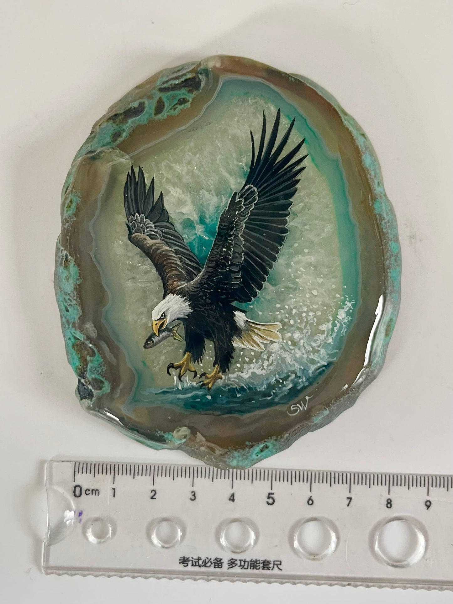 Einzigartige bemalt Achatscheibe/Der Adler /Hand bemalt /Deko/Tierpotrait/ink.Metallständer
