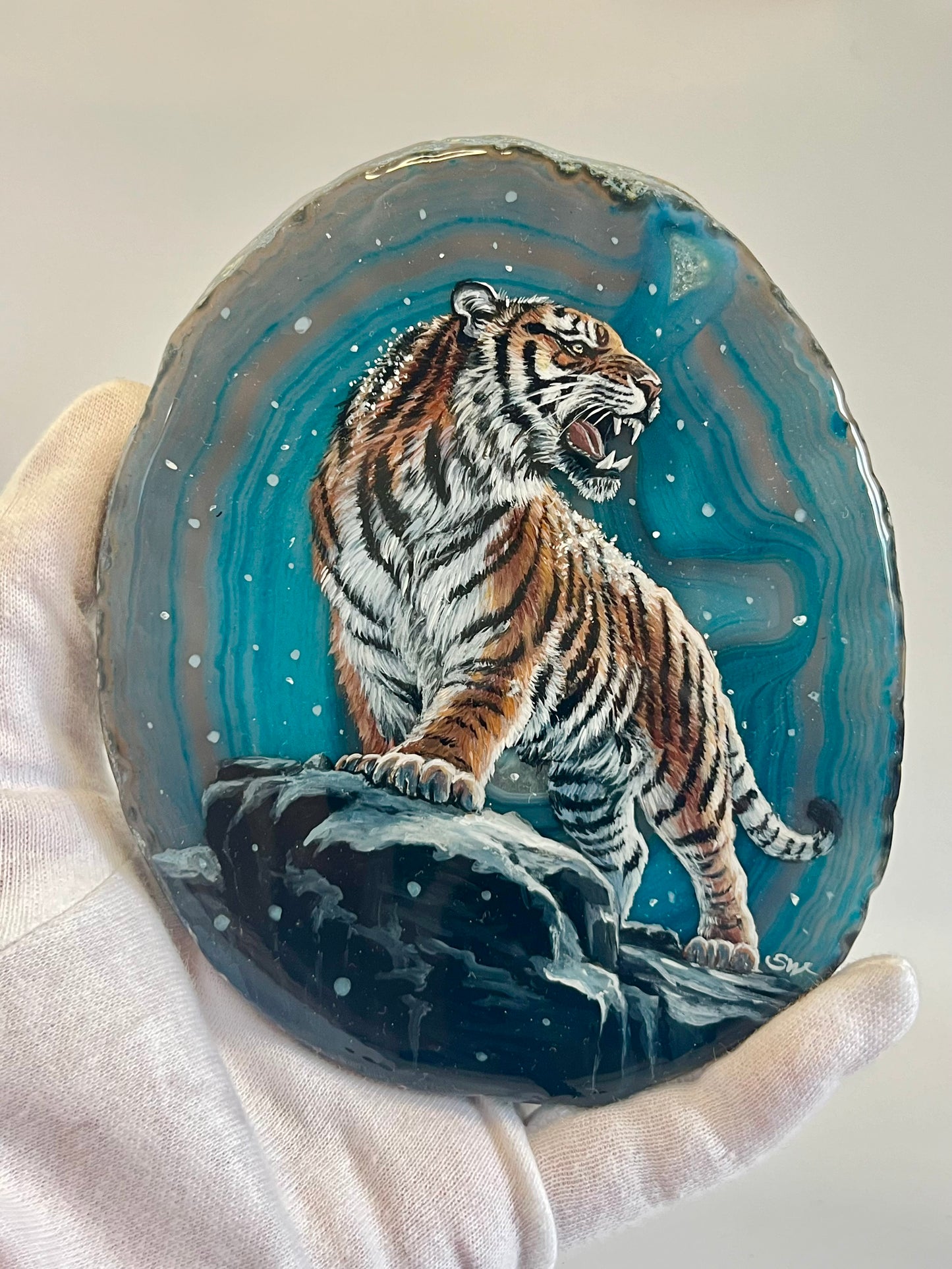 Einzigartige bemalt Achatscheibe/Der Tiger /Hand bemalt /Deko/Tierpotrait/ink.Metallständer