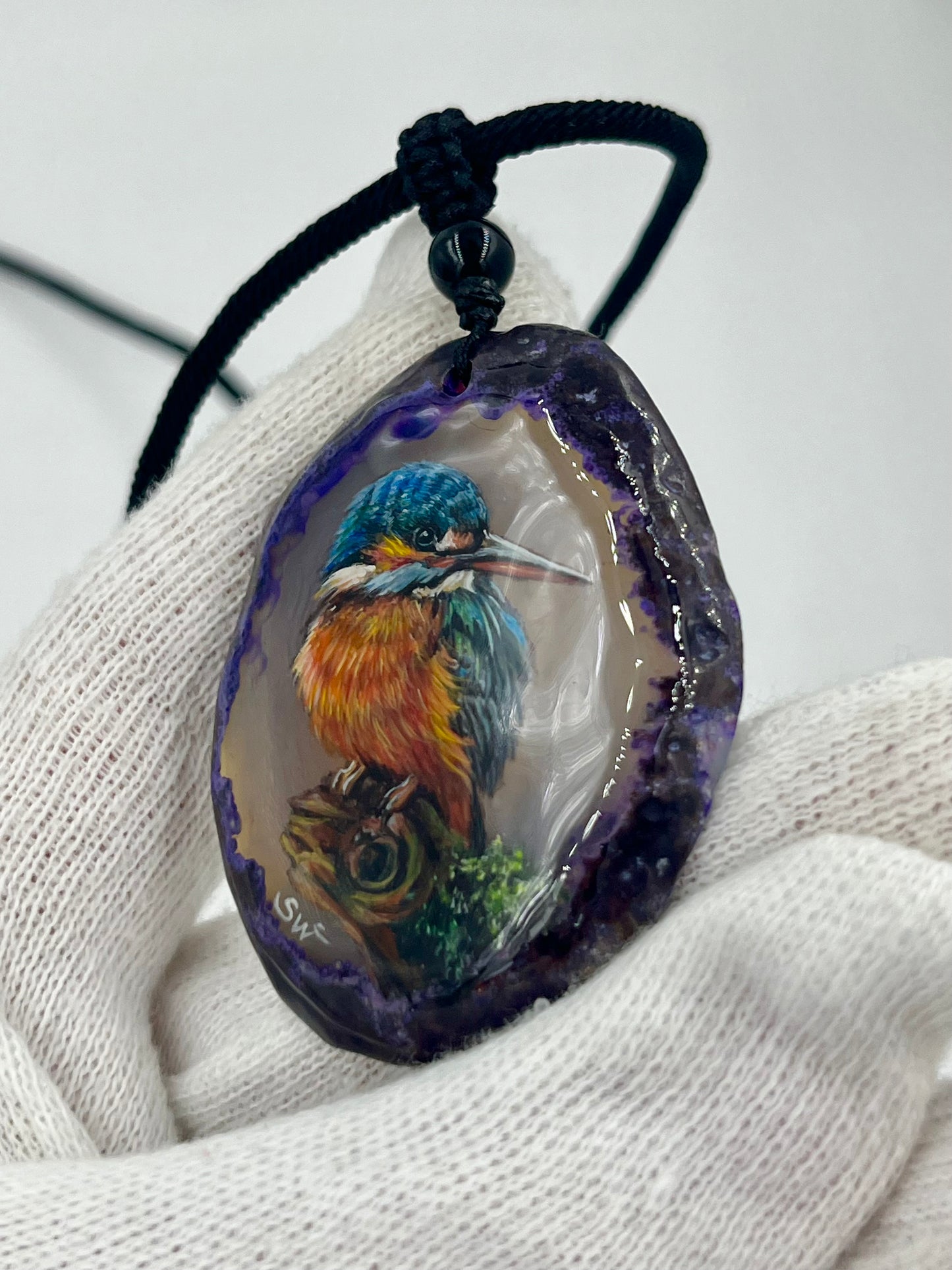 Einzigartige Anhänger /Der Eisvogel/Achat/Hand bemalt Juwelen und tragbare Kunst /Natur Schmuck