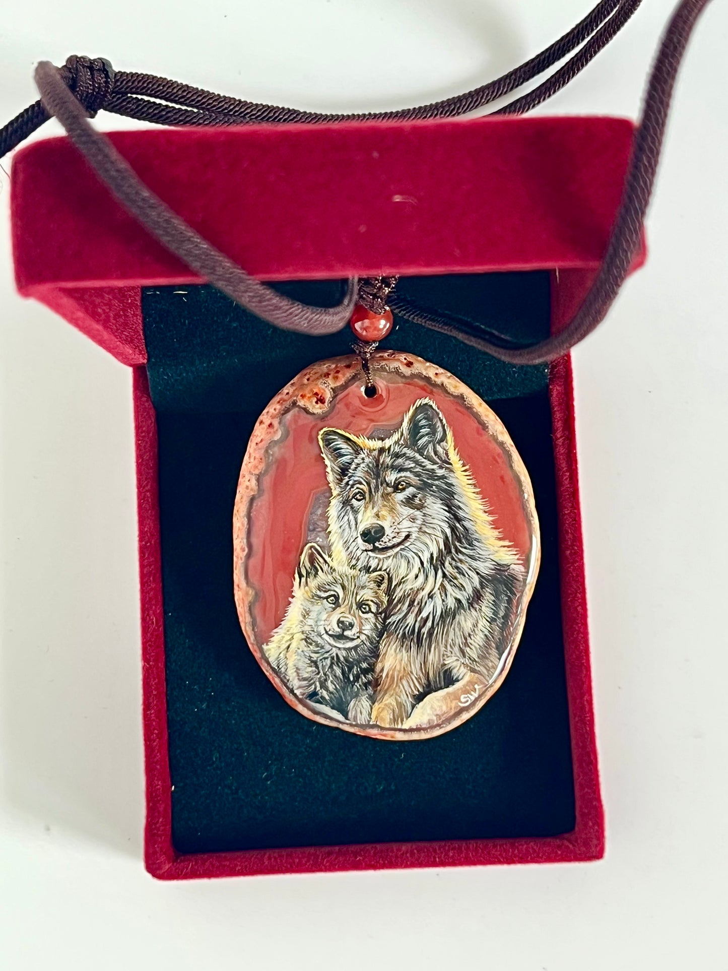 Einzigartige Anhänger /Wolfs Mama und KindAchat/Hand bemalt Juwelen und tragbare Kunst /Natur Schmuck