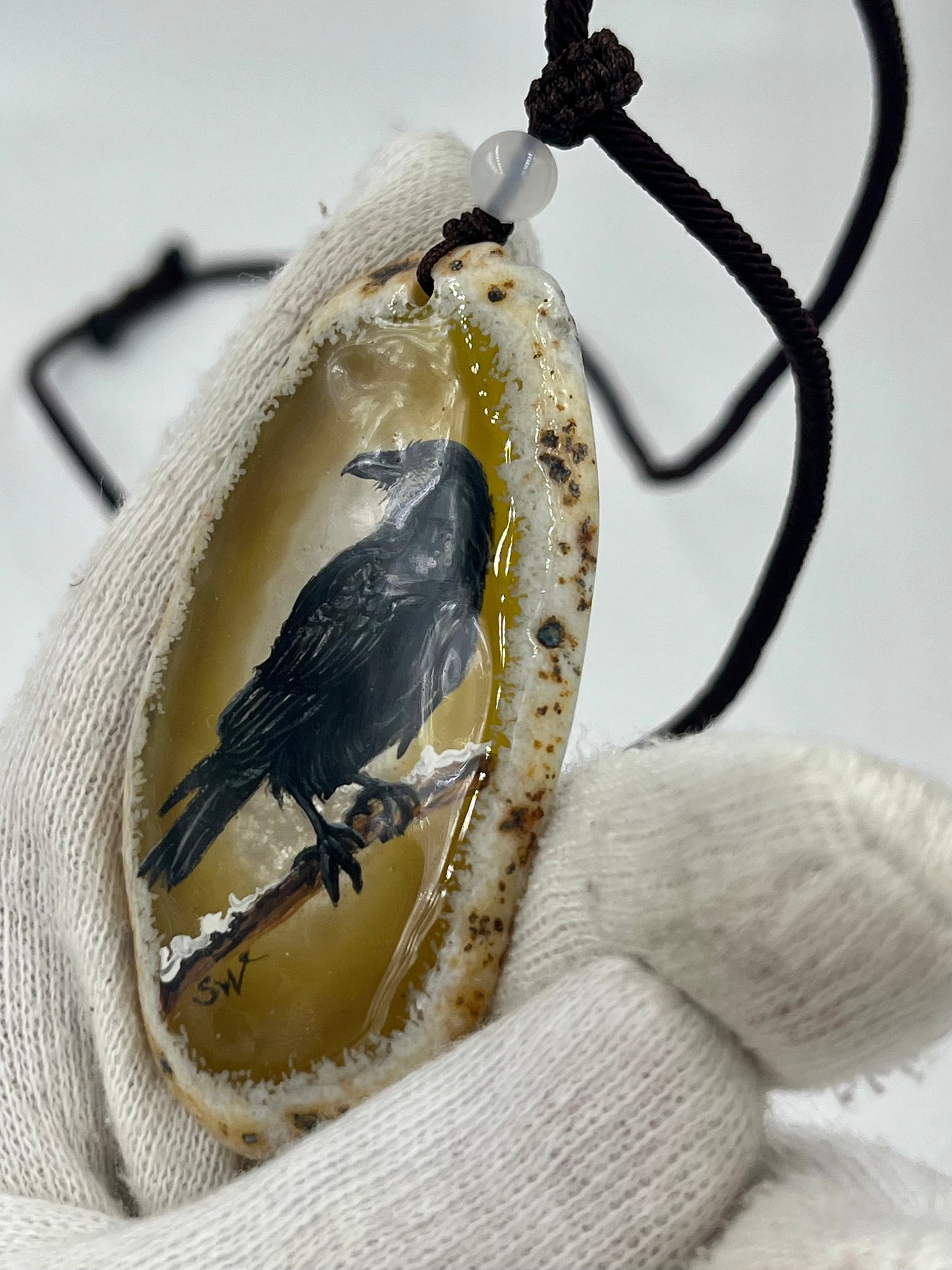 Einzigartige Anhänger /Die Krähe/Achat/Hand bemalt Juwelen und tragbare Kunst /Natur Schmuck