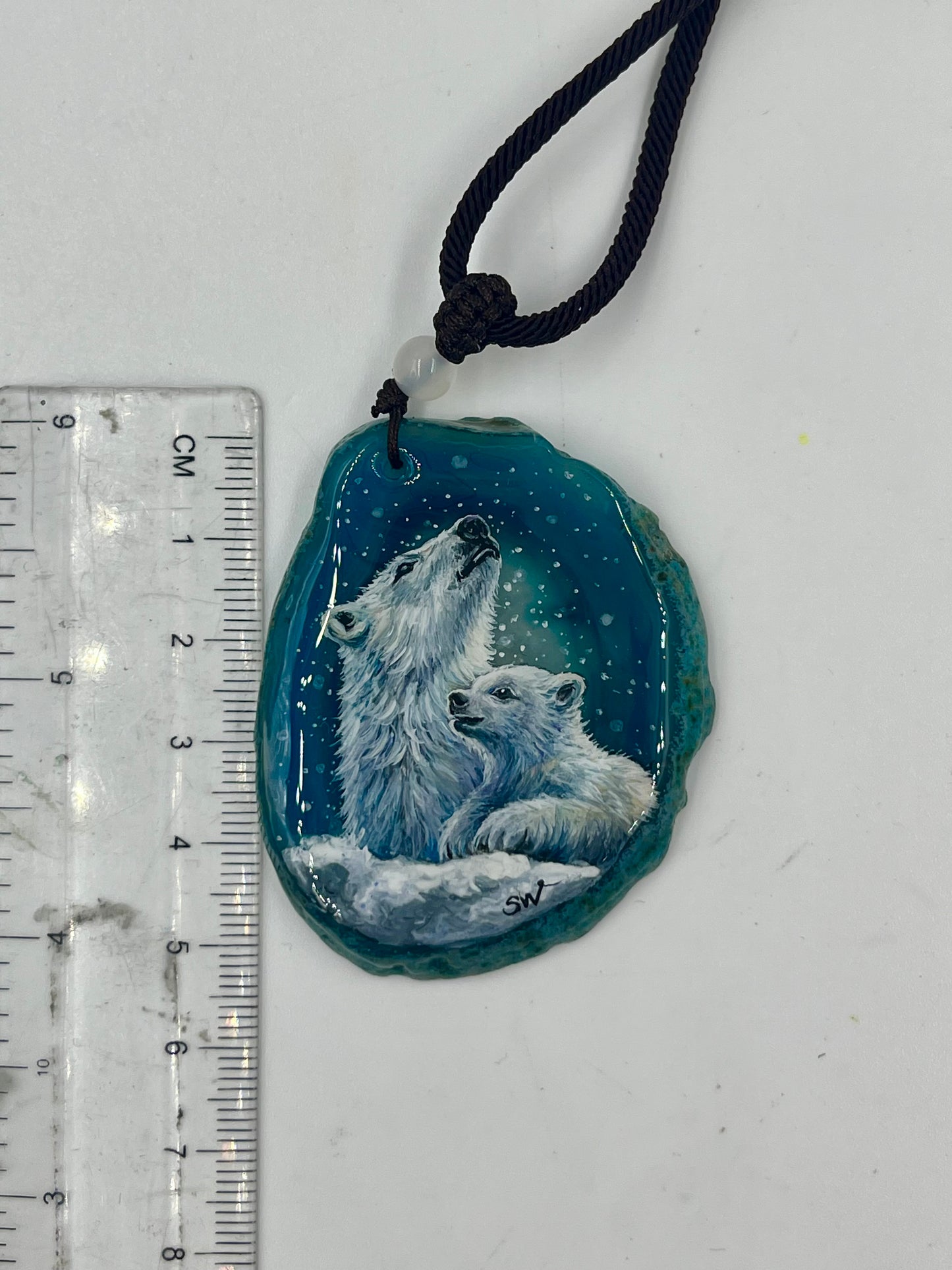 Einzigartige Anhänger /Eisbären Mama und Kind /Achat/Hand bemalt Juwelen und tragbare Kunst /Natur Schmuck