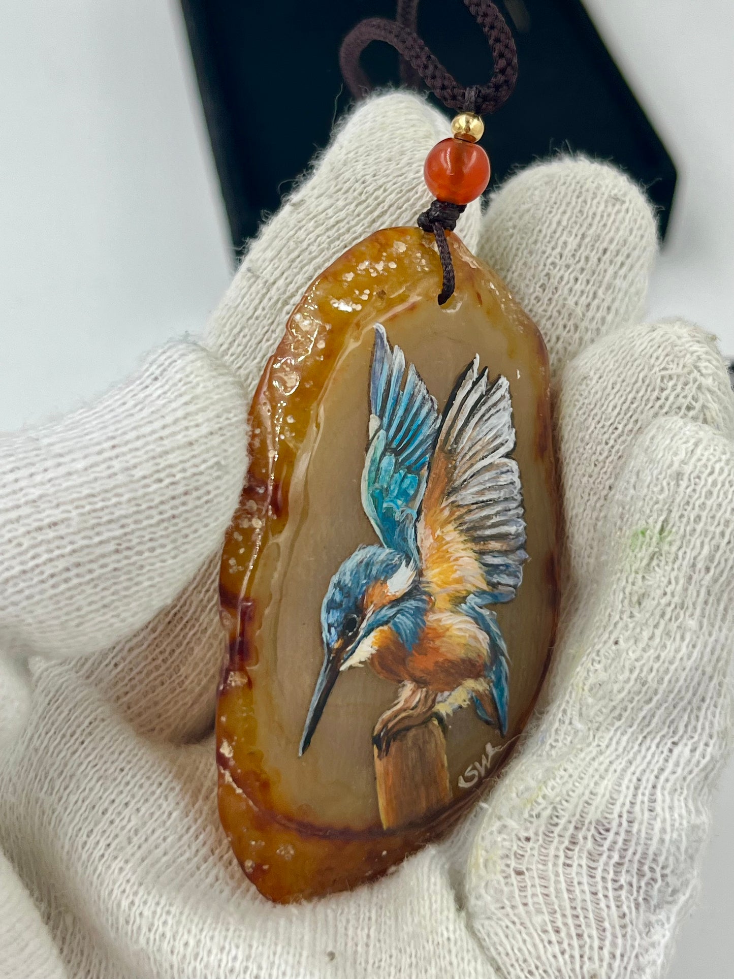 Einzigartige Anhänger /der Eisvogel/Achat/Hand bemalt