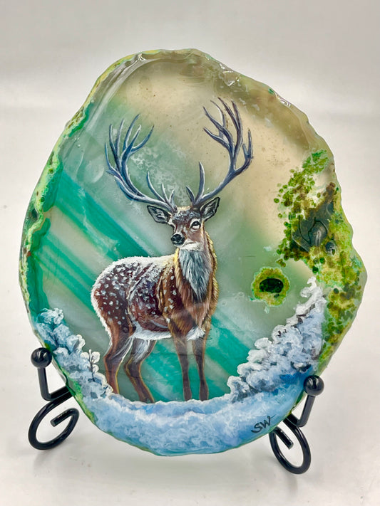 Einzigartige bemalt Achatscheibe/Der Hirsch /Hand bemalt /Deko/Tierpotrait/ink.Metallständer