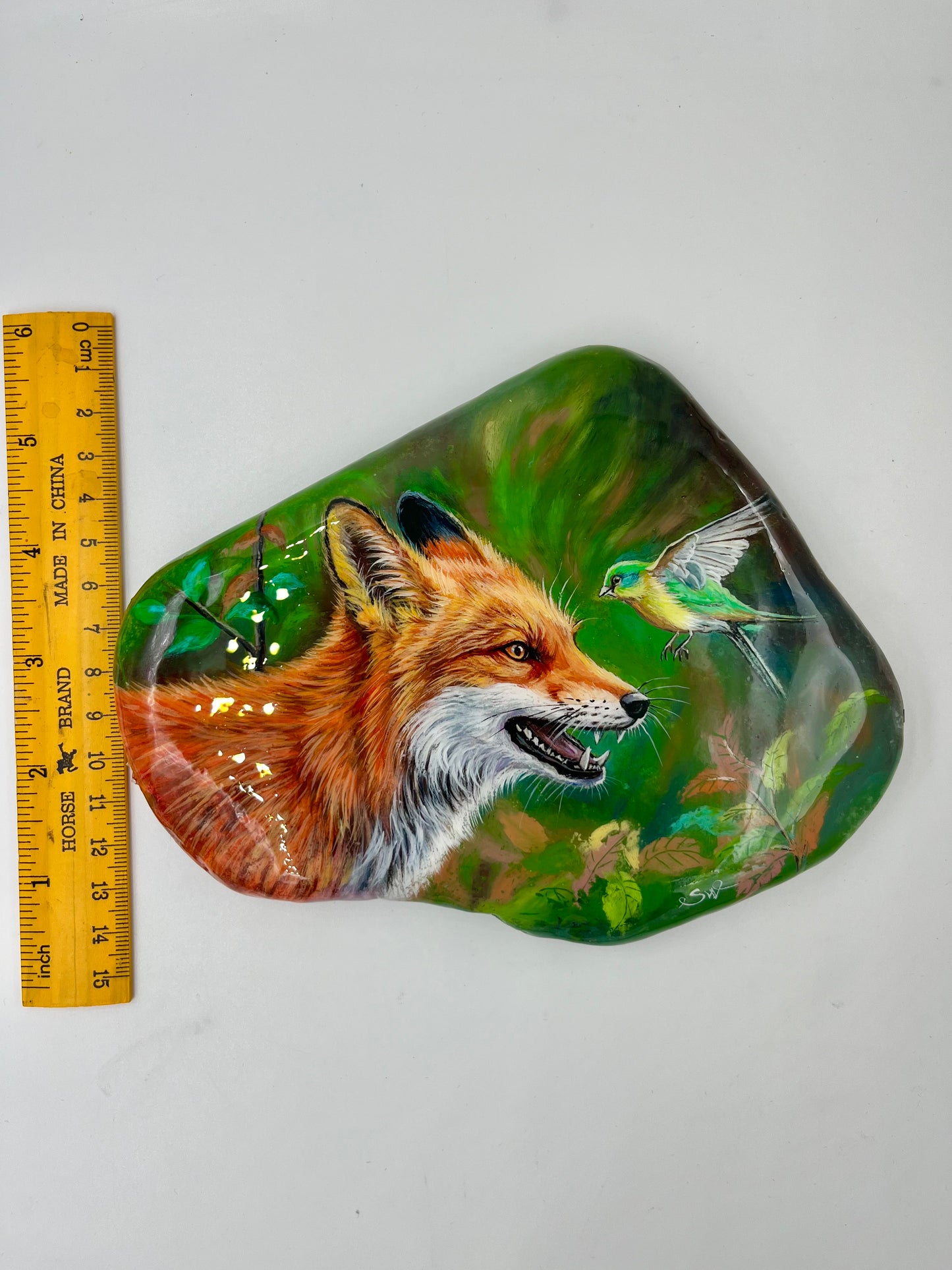 Einzigartig handbemalte Große stein/der Fuchs und der Vogel/inklusive Tischstaffelei