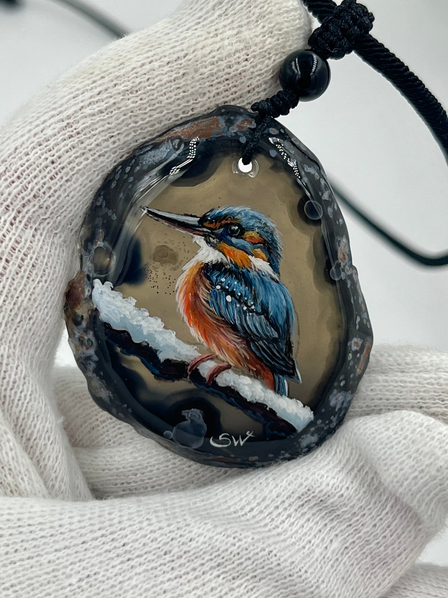 Einzigartige Anhänger /Der Eisvogel/Achat/Hand bemalt Juwelen und tragbare Kunst /Natur Schmuck