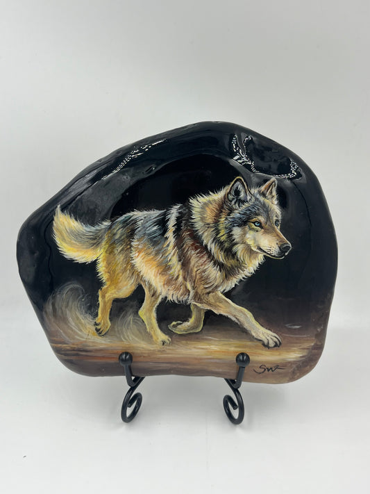 Einzigartig handbemalte /Ein rennender Wolf/inklusive Tischstaffelei