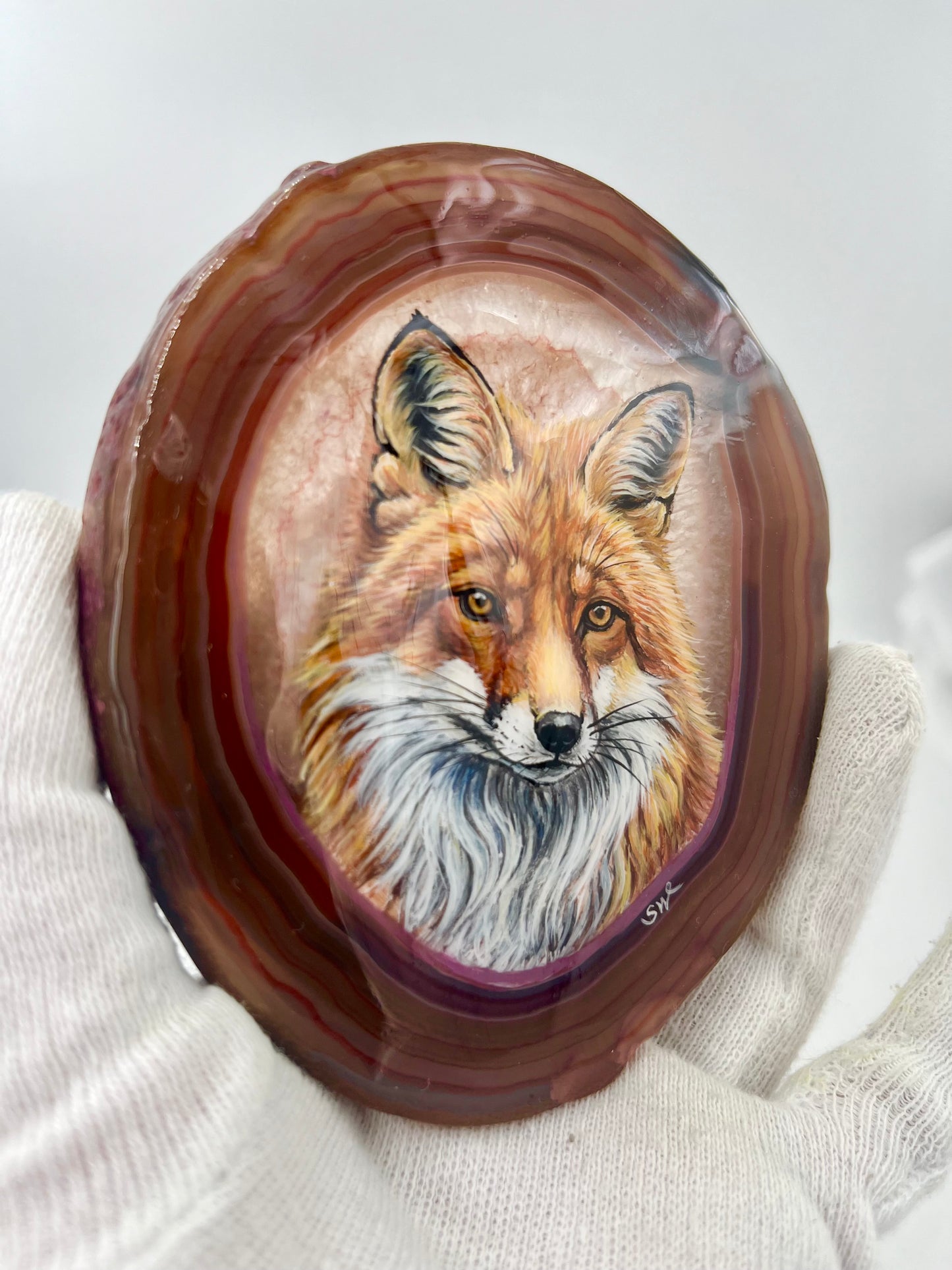Einzigartige bemalt Achatscheibe/der Fuchs/Hand bemalt /Deko/Tierpotrait/ink.Metallständer