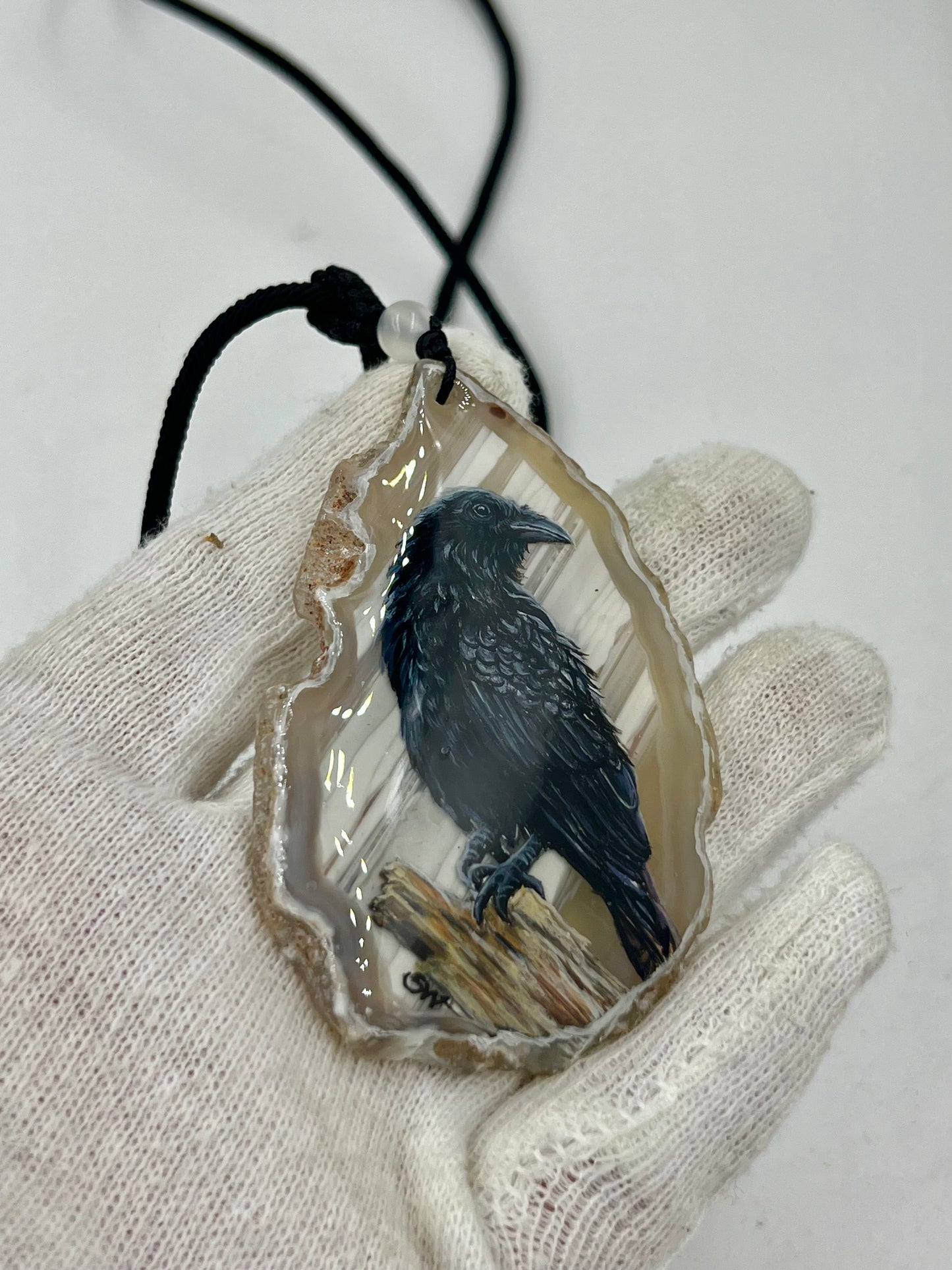 Einzigartige Anhänger /Die Krähe /Achat/Hand bemalt Juwelen und tragbare Kunst /Natur Schmuck