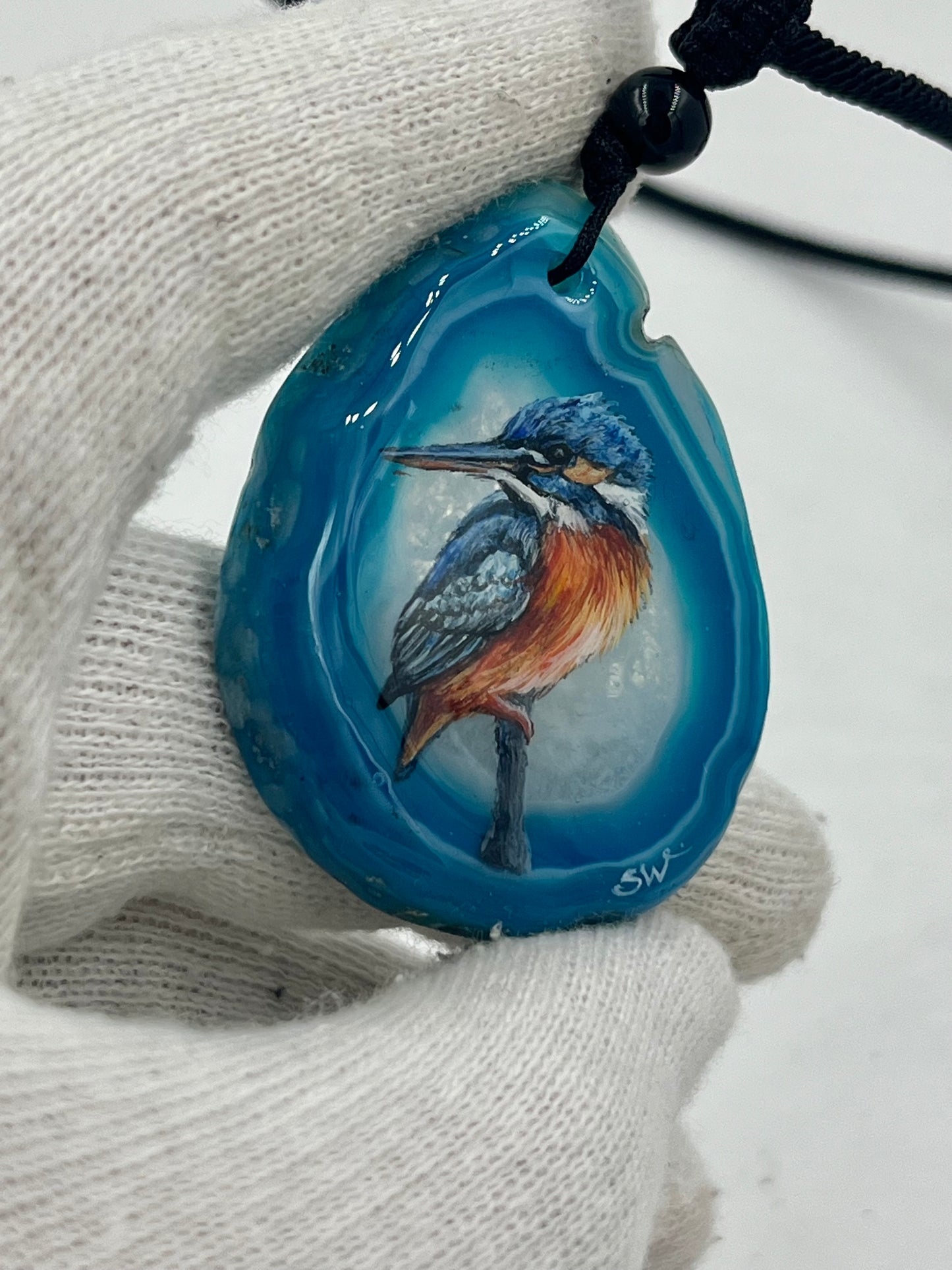 Einzigartige Anhänger /Der Eisvogel/Achat/Hand bemalt Juwelen und tragbare Kunst /Natur Schmuck